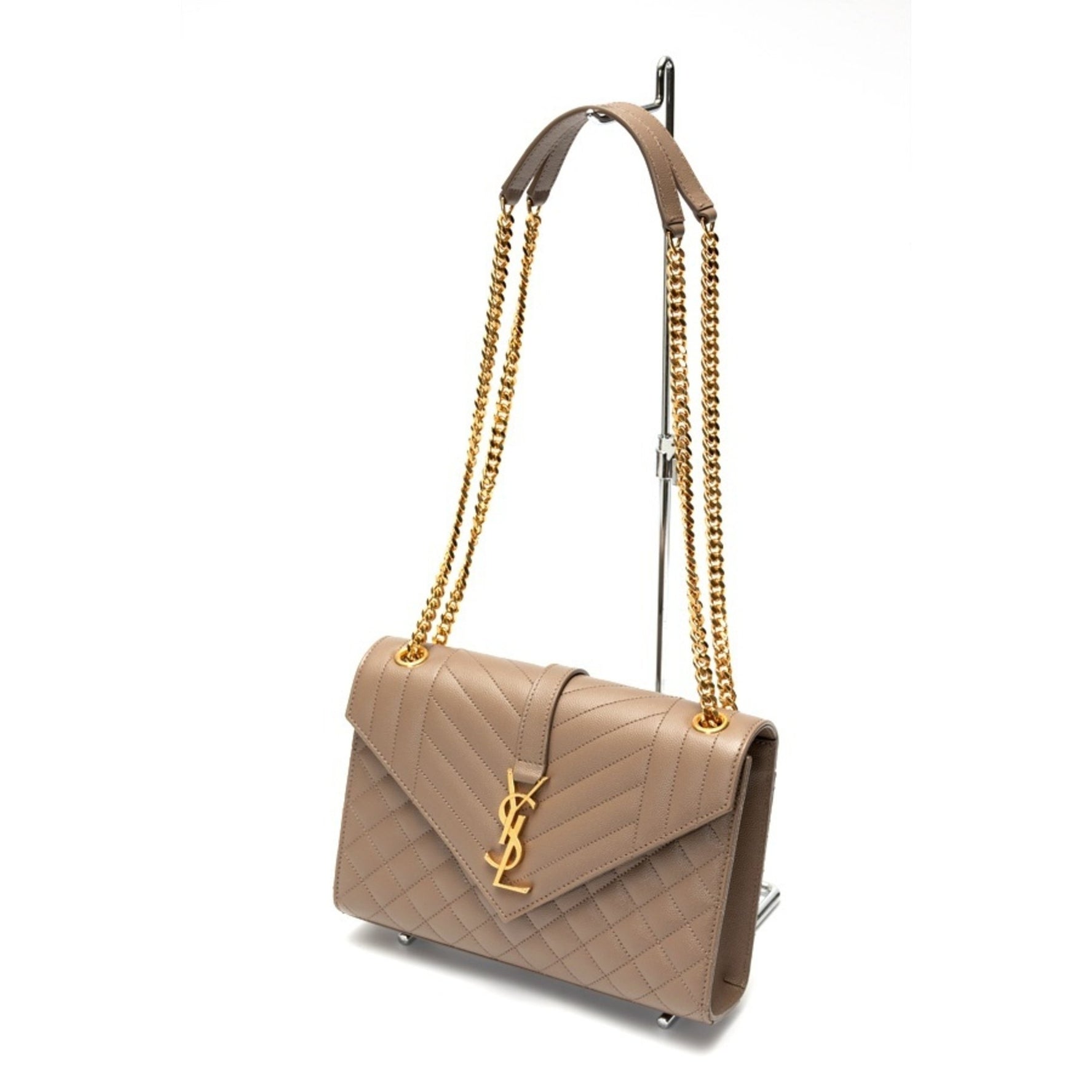 Saint Laurent SAINT LAURENT Envelope Medium Chain Shoulder Bag Grain de Poudre Quilted Leather Greige S-158096