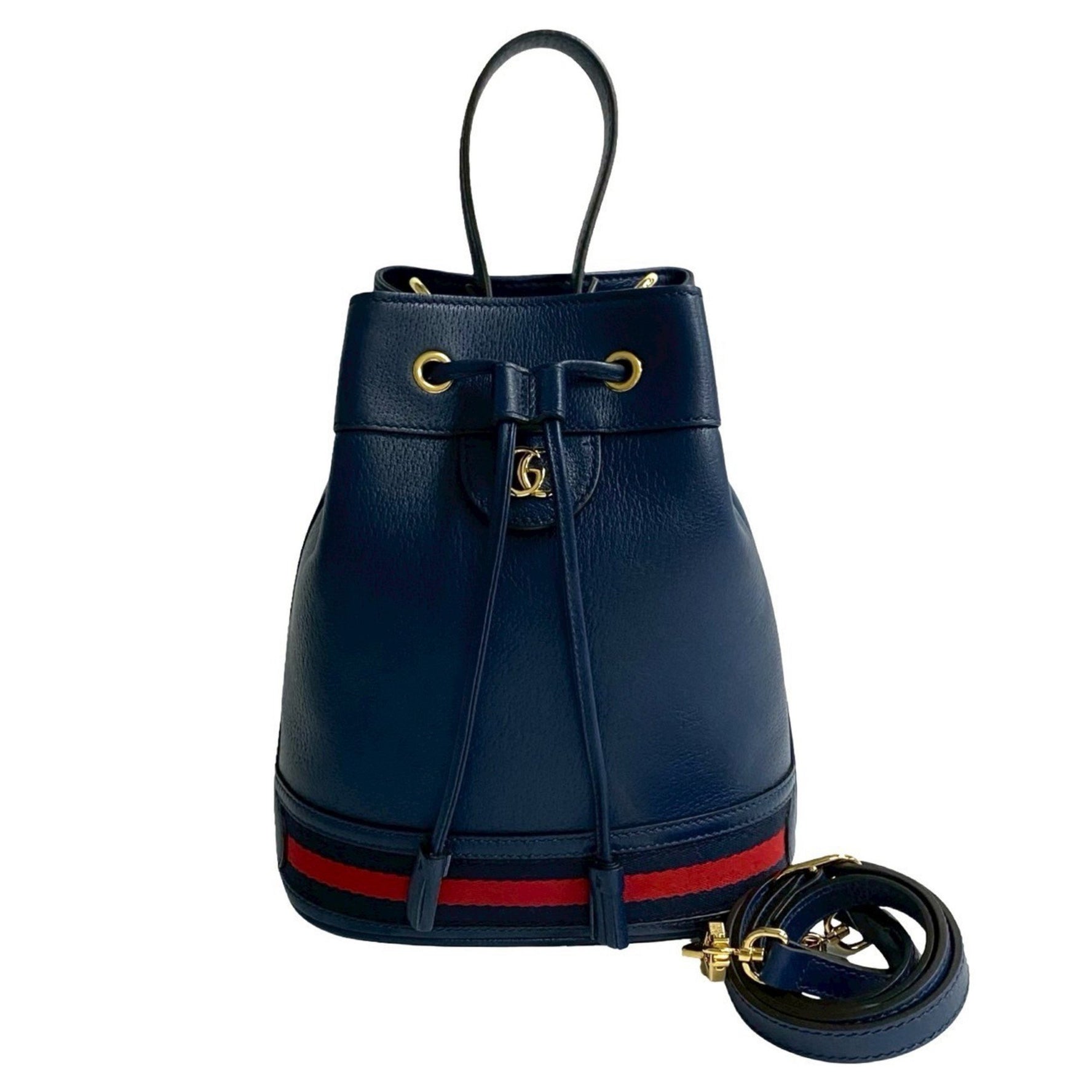 GUCCI Offdia Small Bucket Bag with GG Logo, Leather, Drawstring, Handbag/Shoulder Bag, Navy