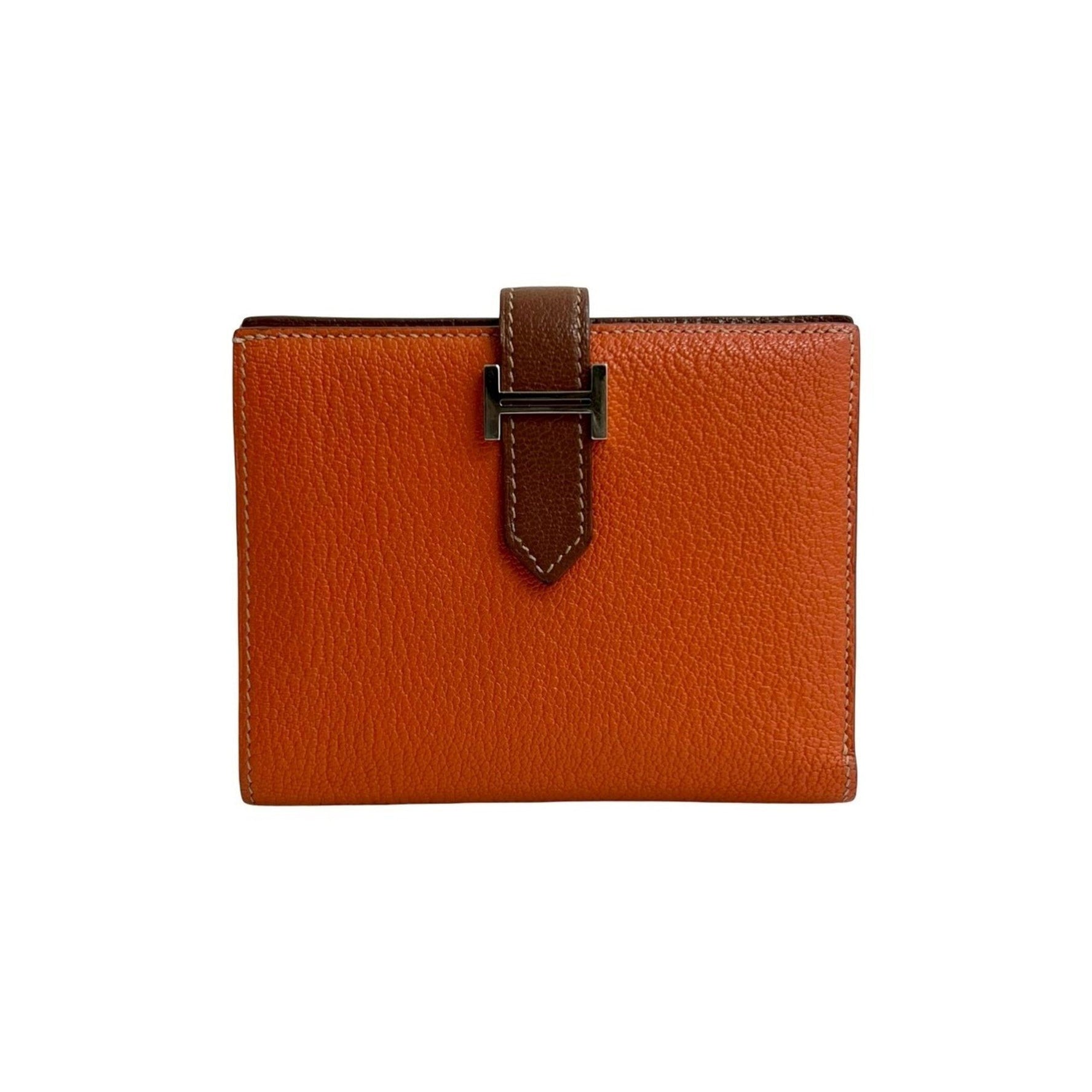 □O Stamped HERMES Bearn Compact Chevre Mysore Leather Bi-fold Wallet Mini Orange Brown
