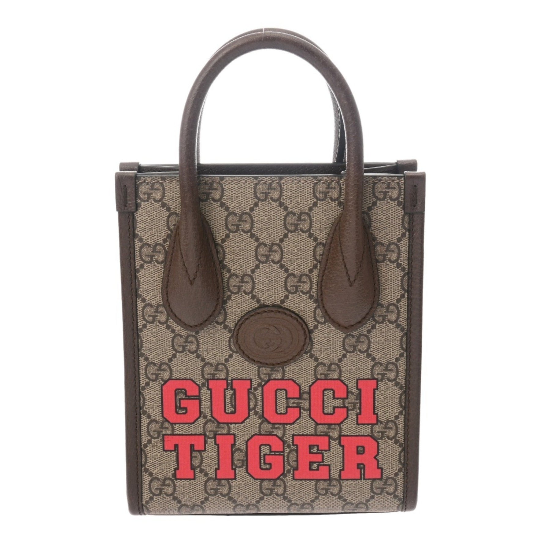 GUCCI Interlocking G Mini Tote TIGER Beige/Brown GG Supreme Canvas Leather Bag