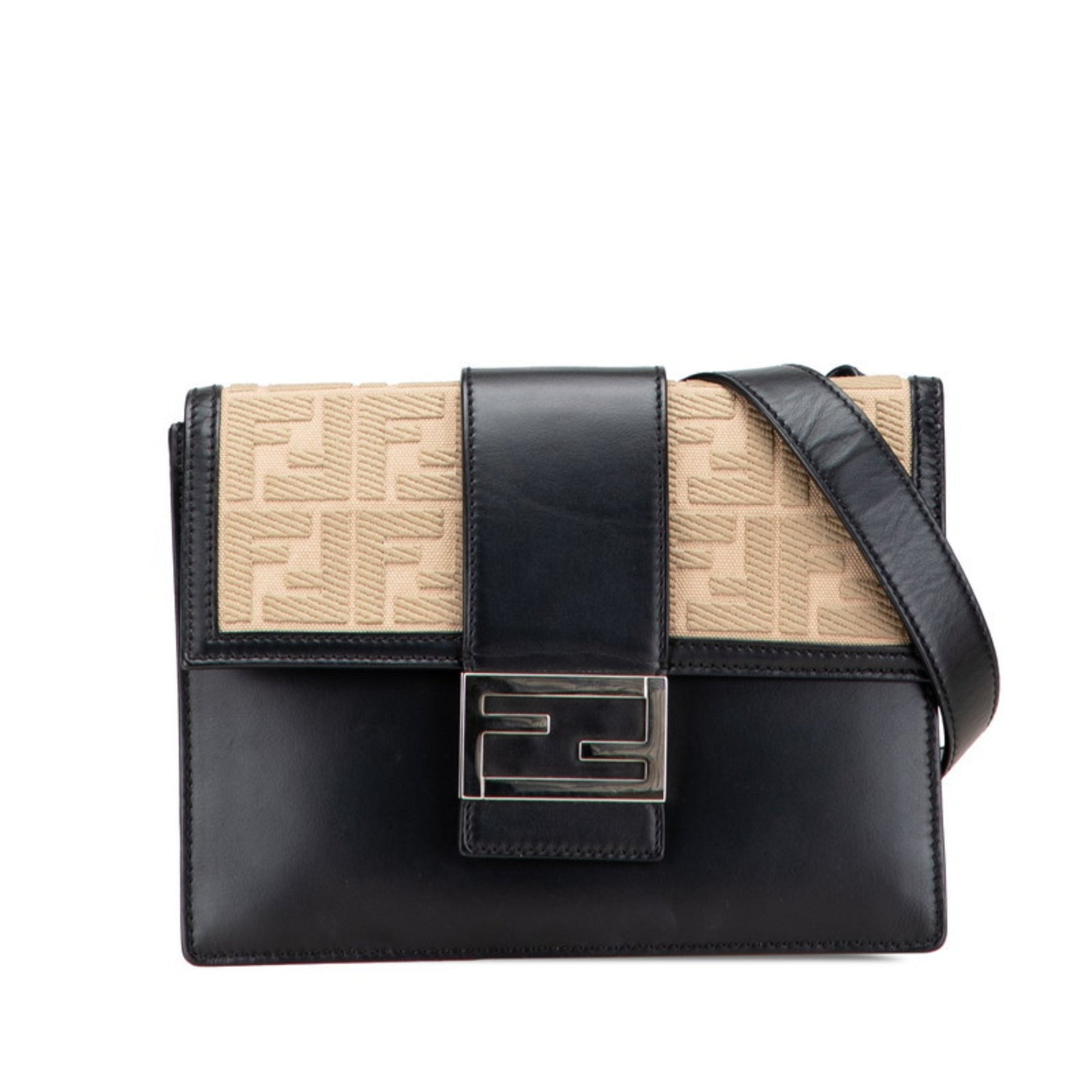 Fendi Flat Baguette Medium Shoulder Bag Black and Beige Leather Canvas