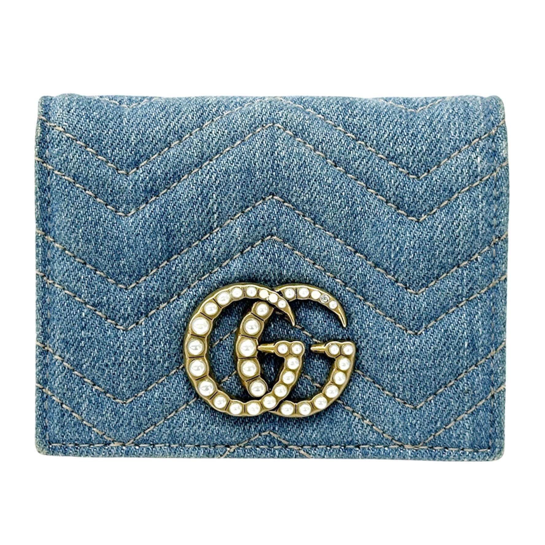 Gucci GG Marmont Bifold Denim Compact Wallet with Quilted Faux Pearls