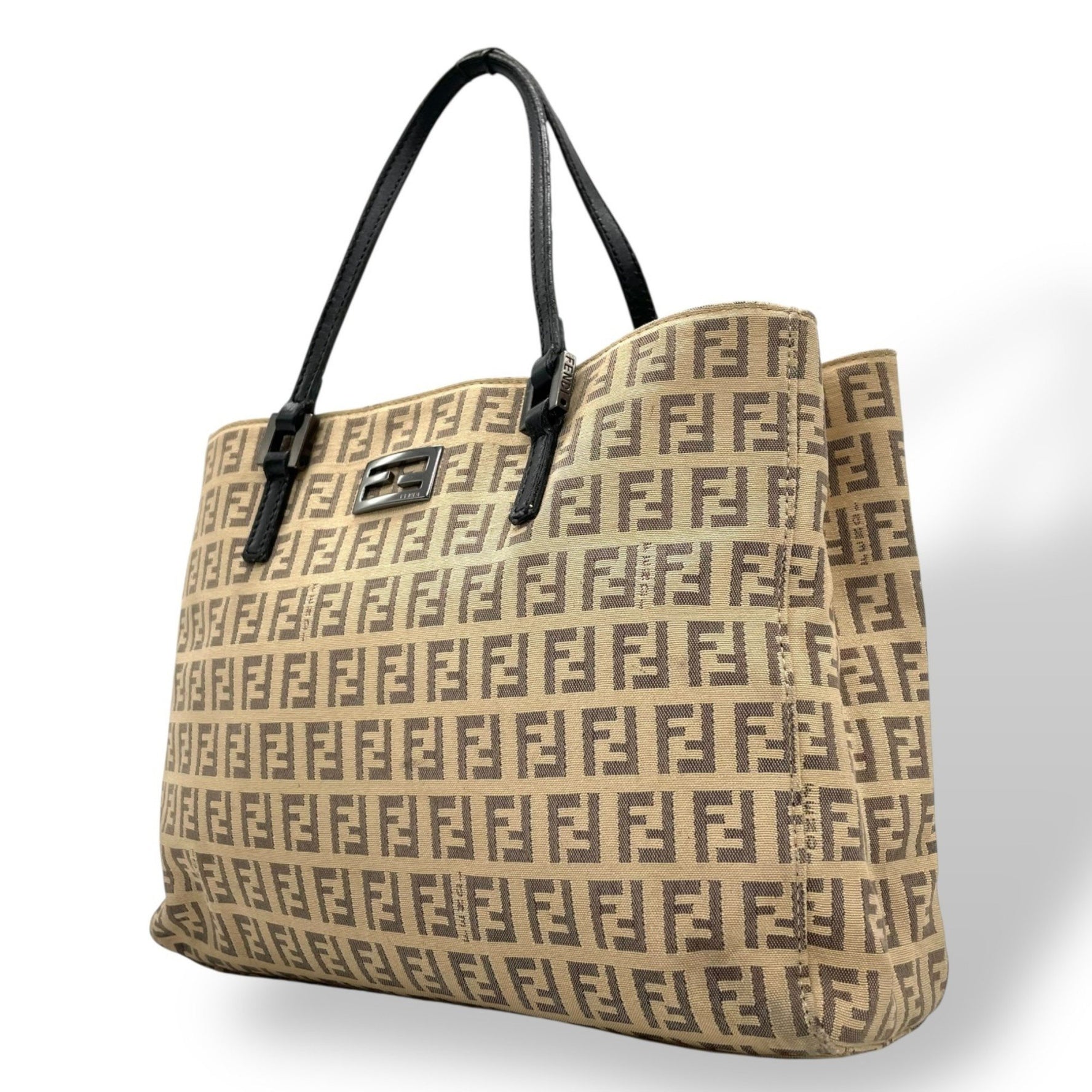 FENDI Zucchino Handbag, Mini Tote, Beige, Black Canvas, Leather, Silver Hardware, FF Pattern, Zucca Women's, Vintage, Size B3