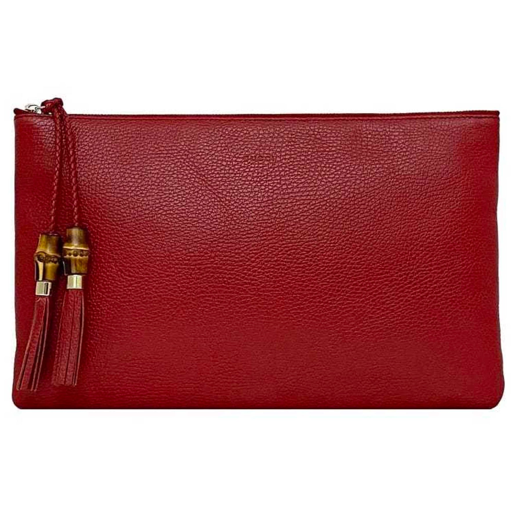 Gucci Clutch Bag Red Bamboo Pouch Leather GUCCI Handbag Tassel Women's Compact