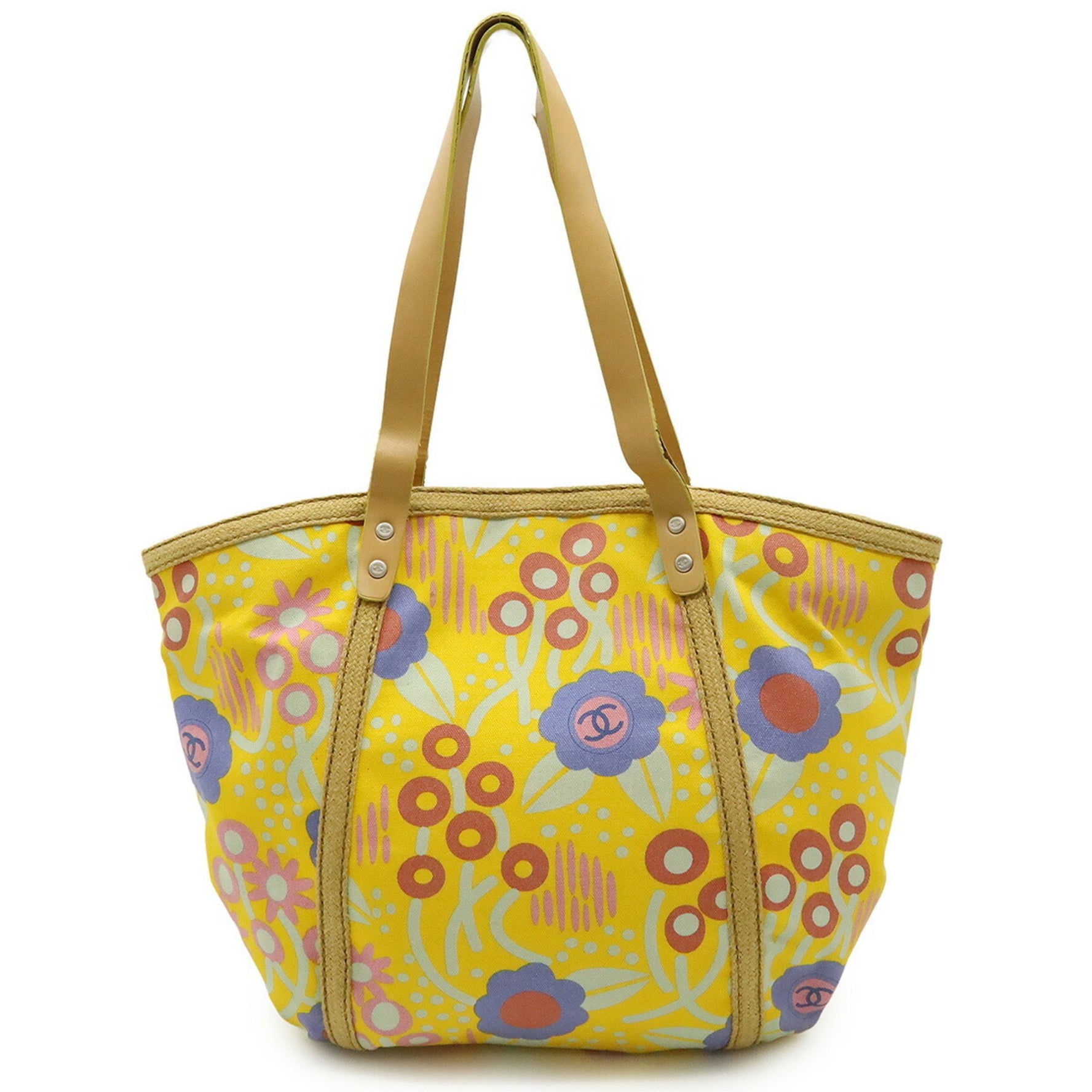 CHANEL High Summer Tote Bag Shoulder Floral Print Canvas Leather Yellow Multicolor