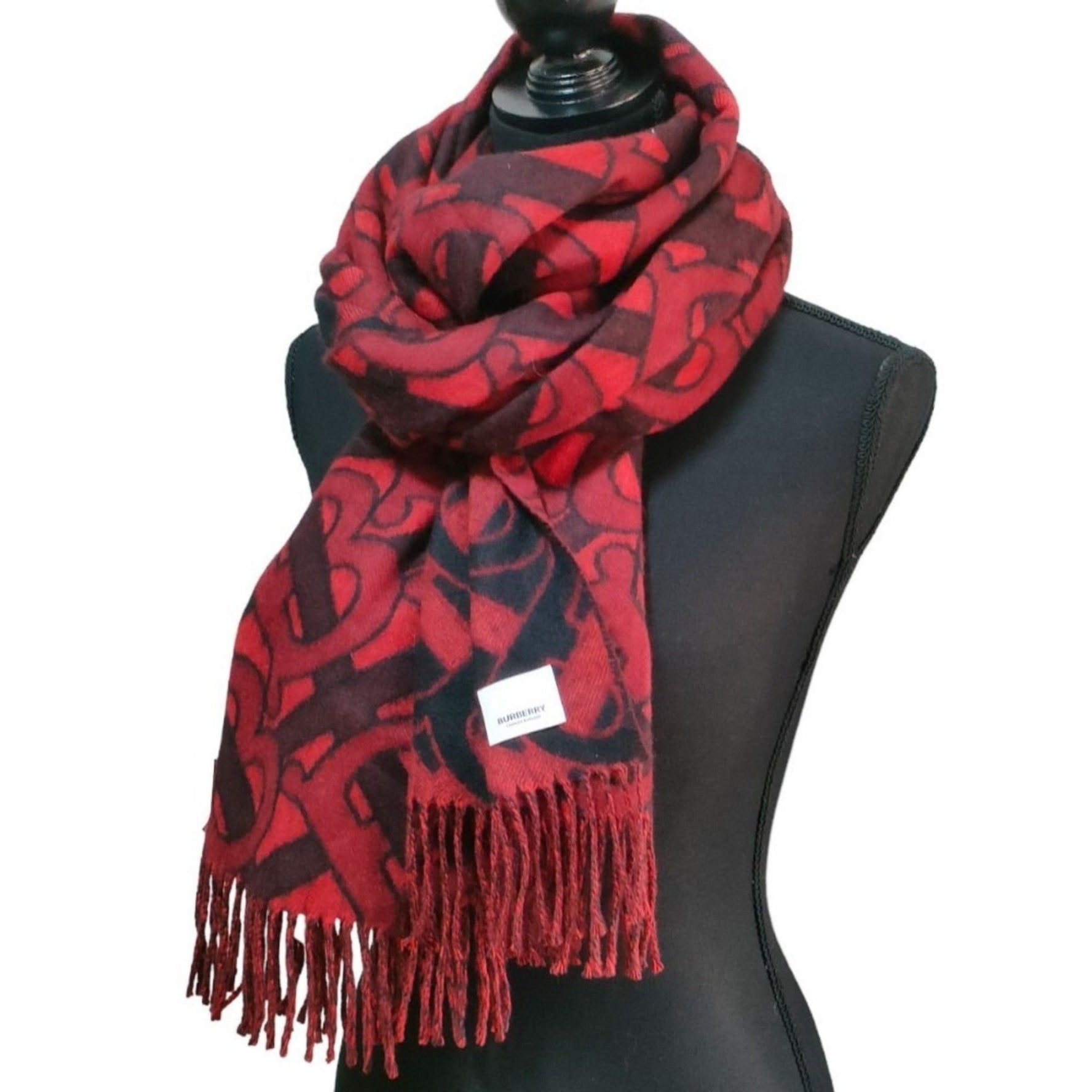 BURBERRY 100% Cashmere TB Monogram Jacquard Fringe Long Stole Scarf Red x Black Women's