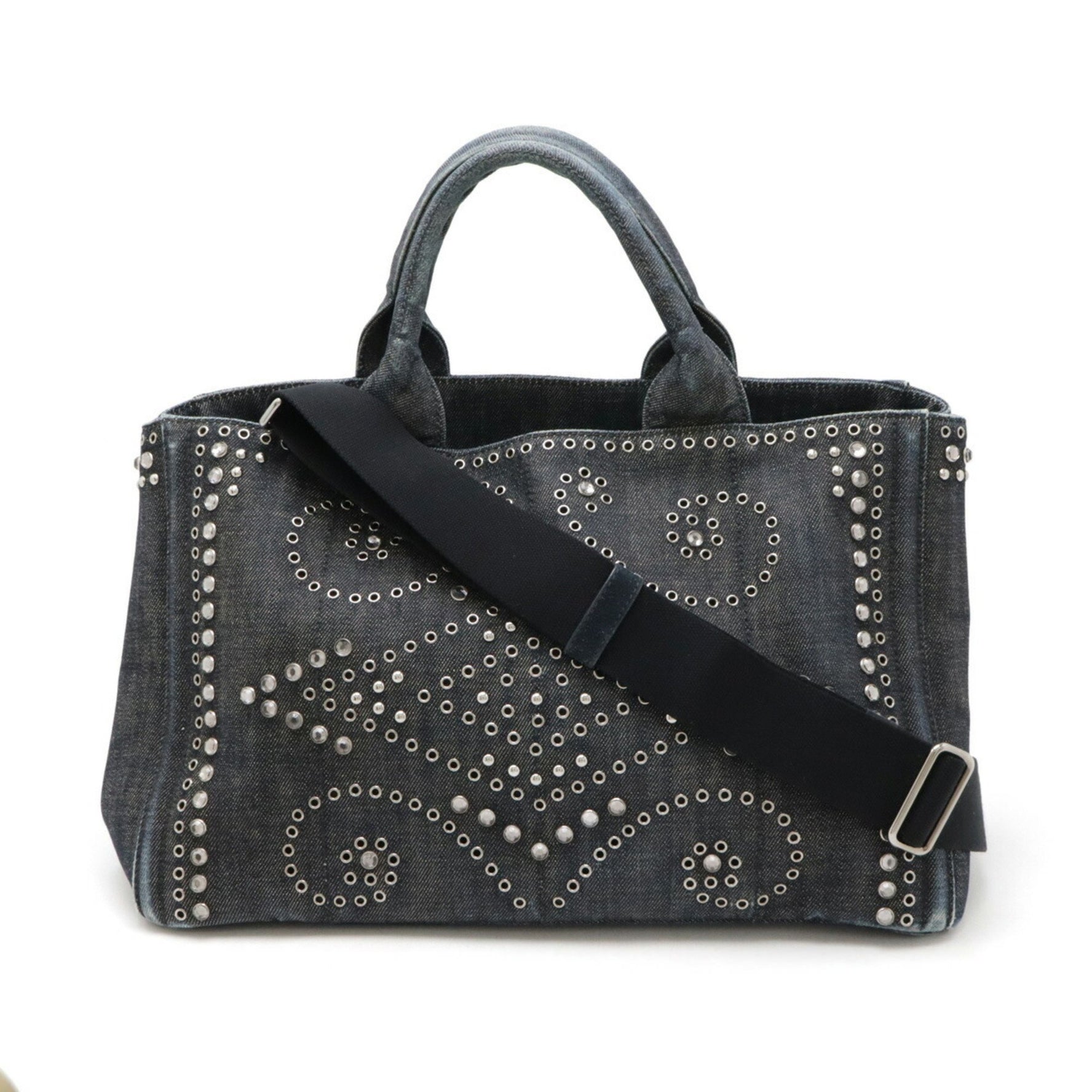 PRADA CANAPA Tote Bag Shoulder Denim Beads Studs BLEU Indigo Purchased at domestic boutique BN2642