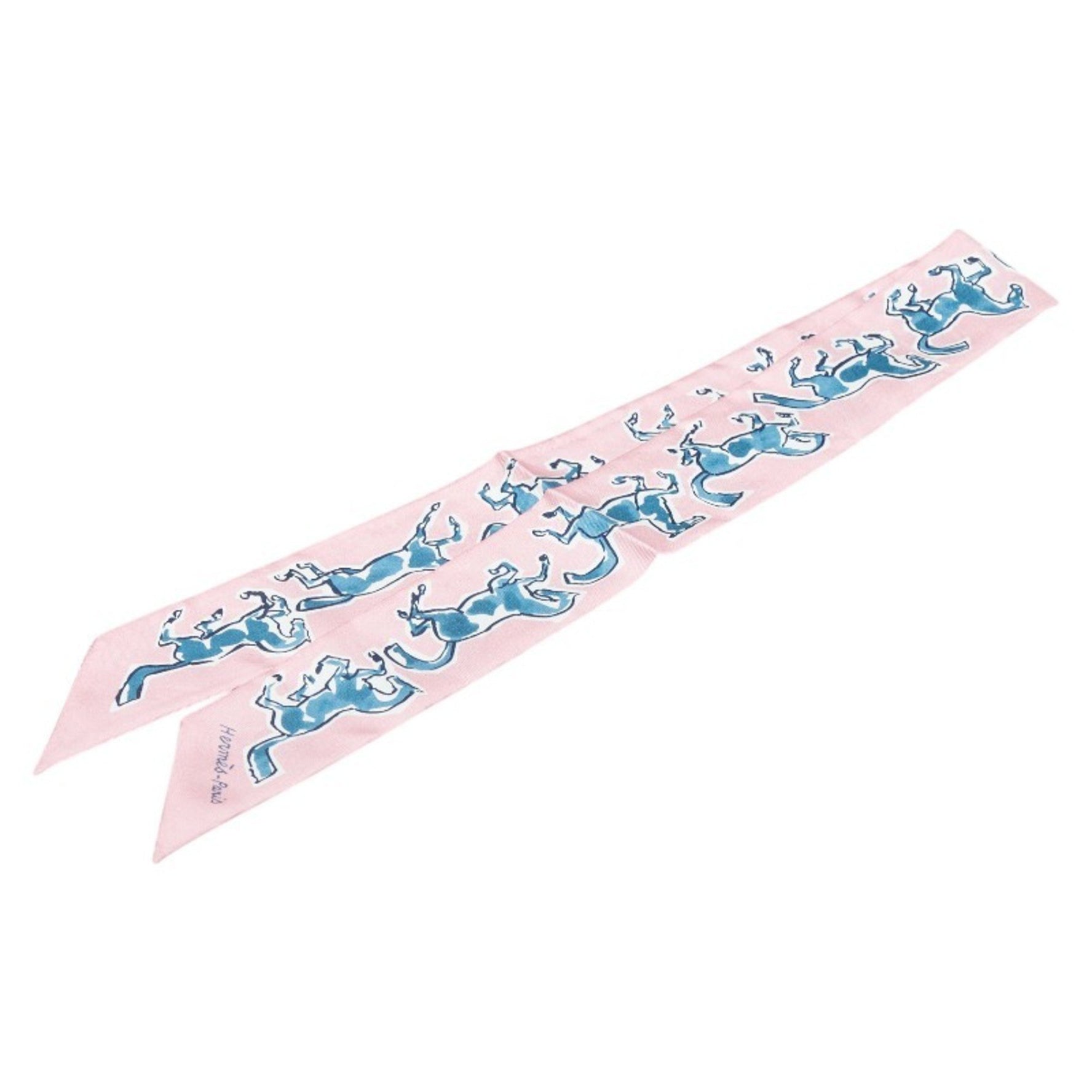Hermes Hermès Twilly Chevaux En Liberte Horse Scarf, Pink and Blue Silk