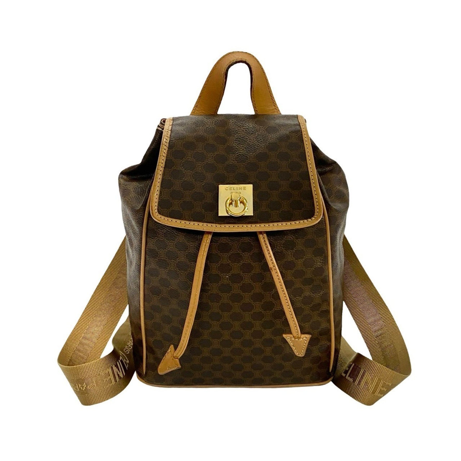 CELINE Vintage Macadam Blason Pattern with Logo and Ring Hardware, Leather Backpack