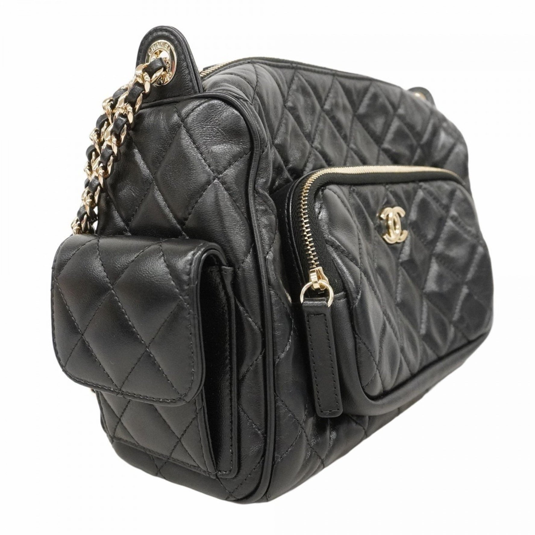 Chanel Matelasse Shoulder Bag, Chain Calfskin, Black, Champagne, Women's