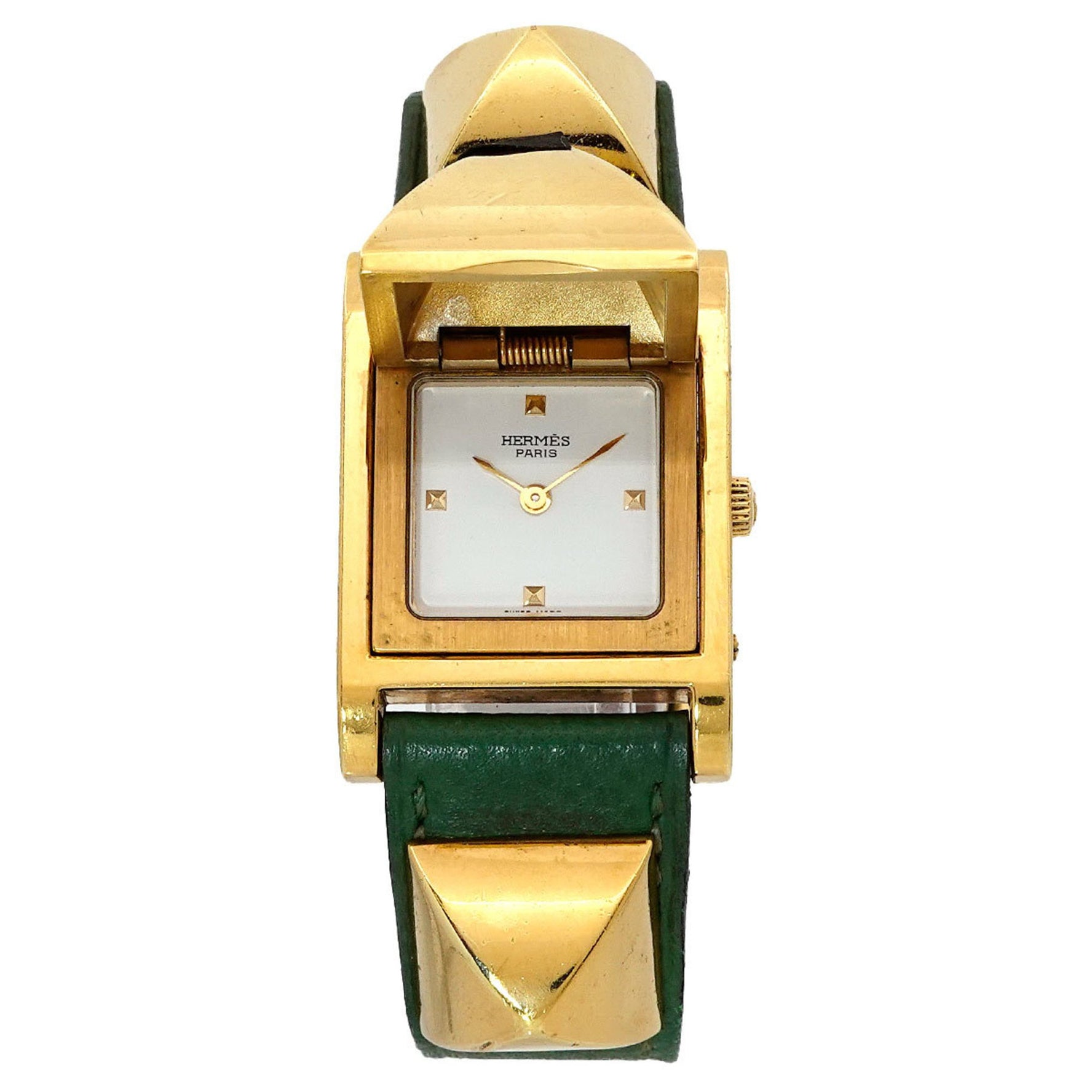 Hermes HERMES Medor Ladies Watch Pyramid Gold Studs White Green Leather Quartz