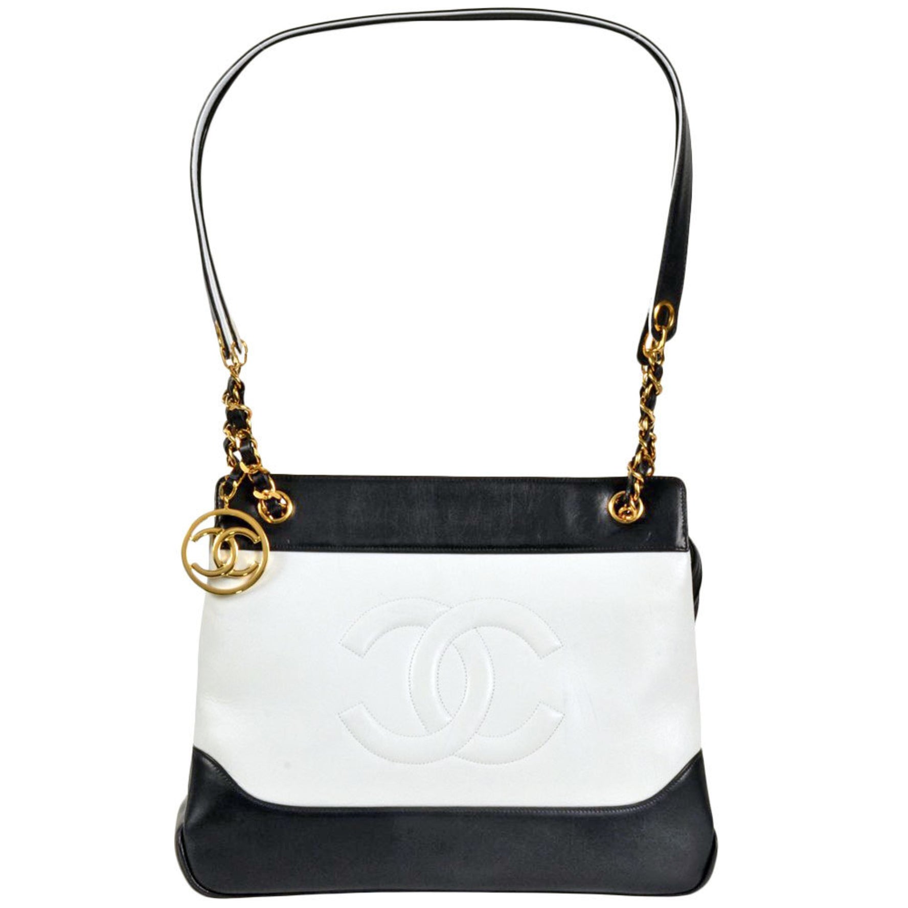CHANEL Two-tone Coco Mark Chain Tote Shoulder Bag Leather Navy