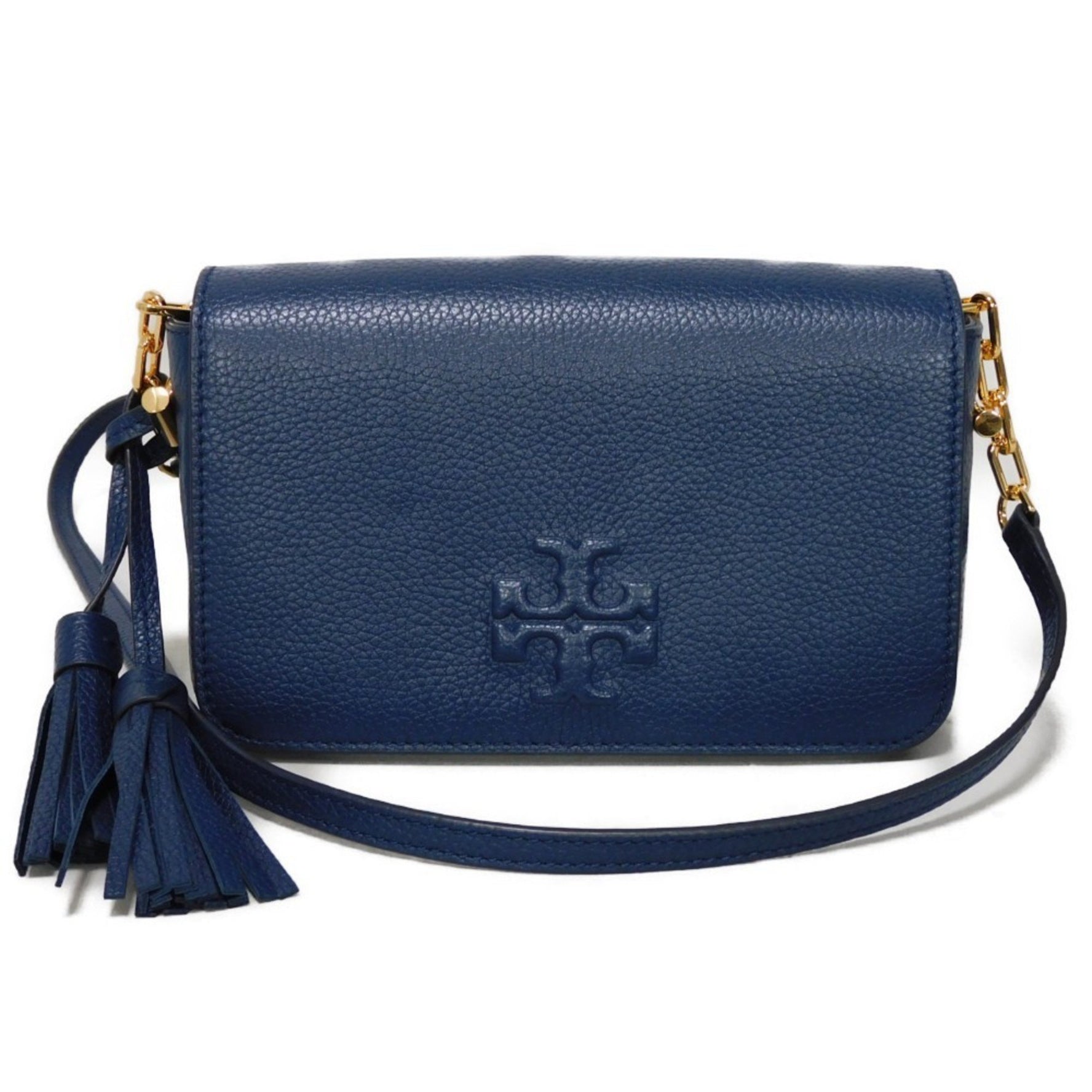 Tory Burch Thea Mini Shoulder Bag Tassel Crossbody Unused Double T Embossed Royal Navy Women's