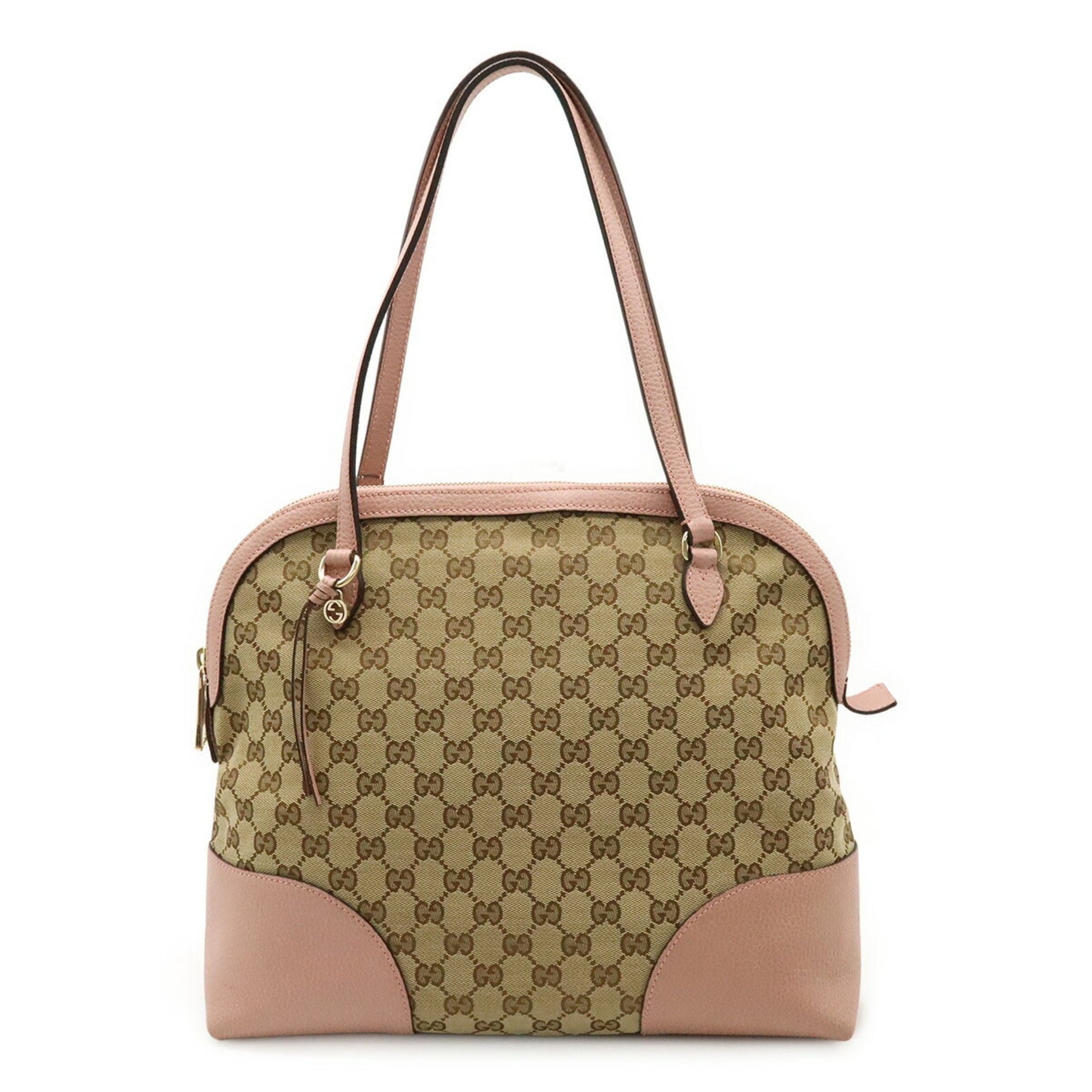 GUCCI GG Canvas Tote Bag Shoulder Leather Khaki Beige Pink