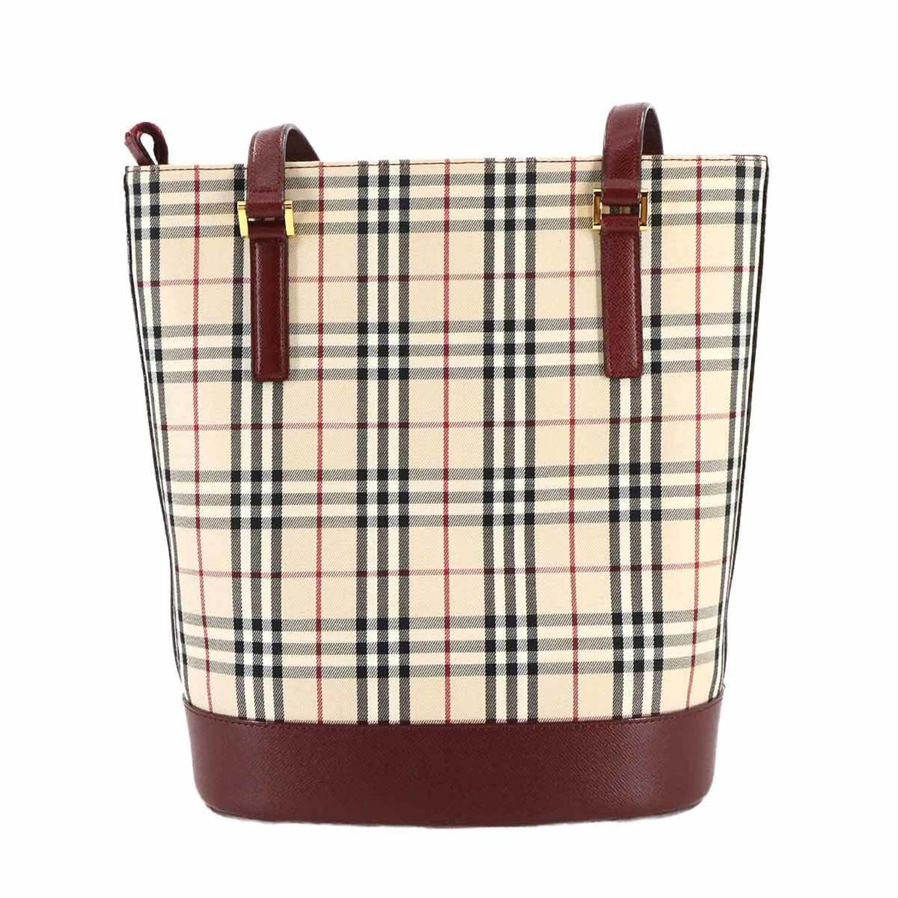 Burberry Nova Check Tote Bag Canvas Leather Beige Bordeaux Gold Hardware