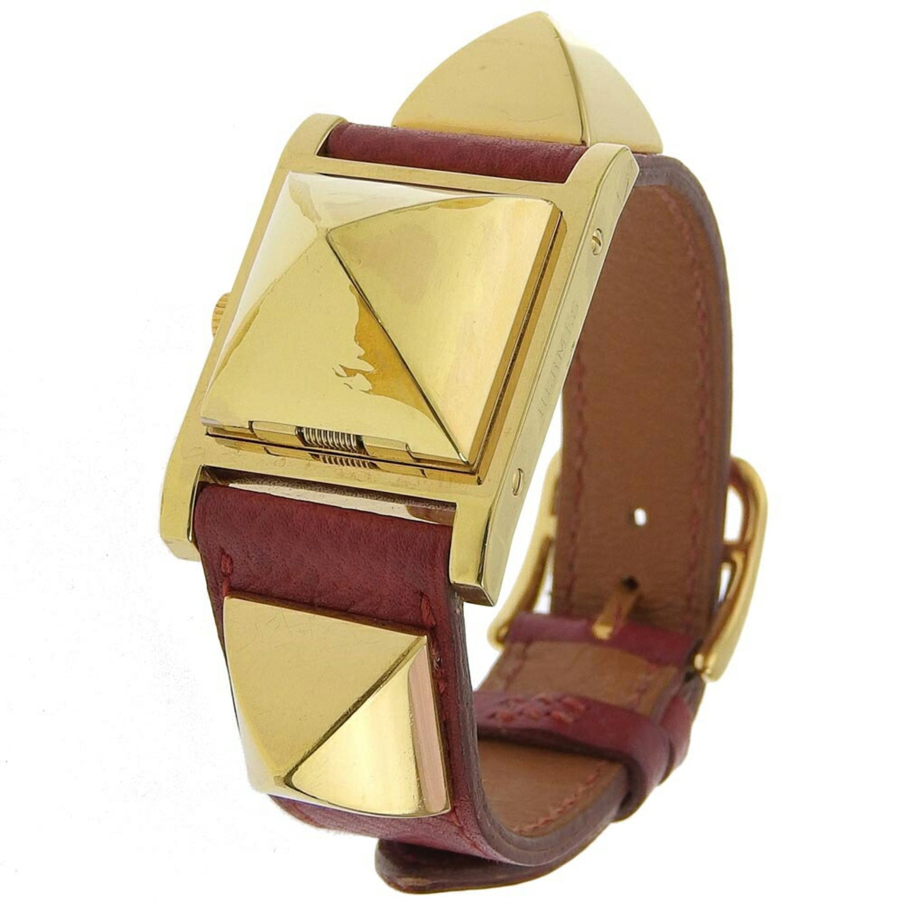 Hermes HERMES Medor Watch ME1.201 Gold Plated Leather 1996 Wine Red ○Z Quartz Analog Display White Dial Ladies