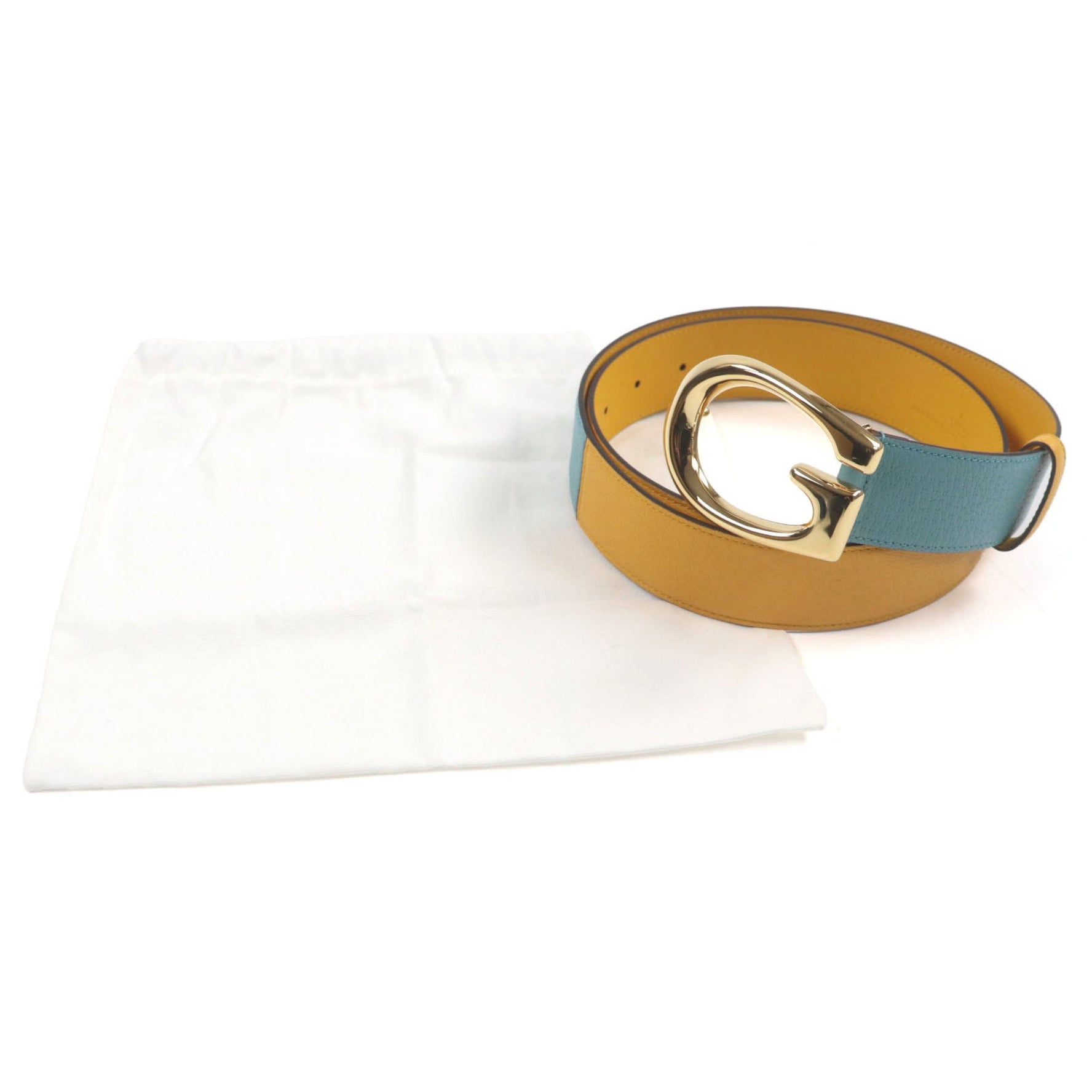 GUCCI Memorable Buckle G logo buckle, two-tone leather belt in yellow and blue with gold hardware, size 90/36, includes dust bag, made Italy