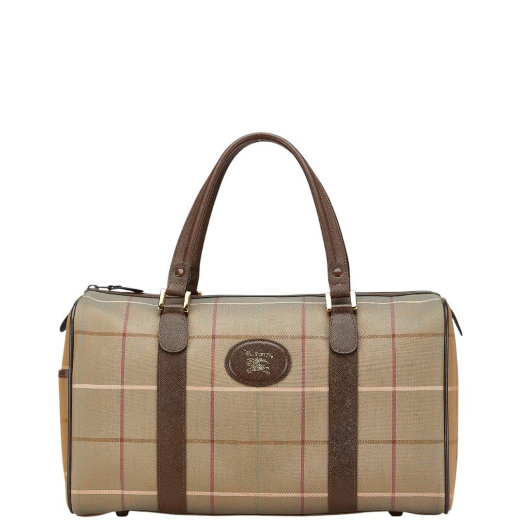 Burberry Check Boston Bag Travel Khaki Brown Canvas Leather Women's BURBERRY