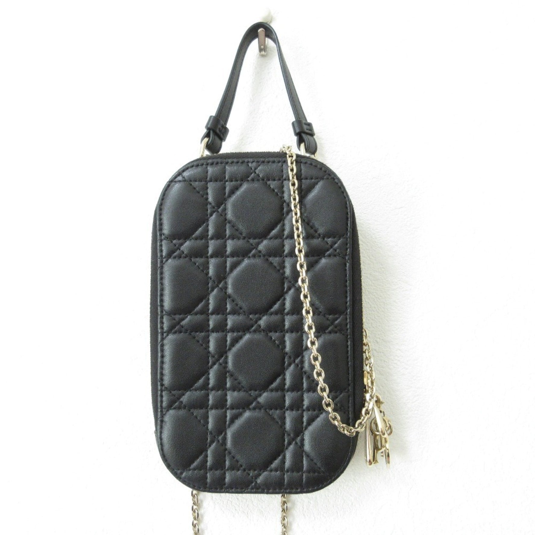 Christian Dior Lady Cannage Phone Pouch Chain Shoulder Black Women's