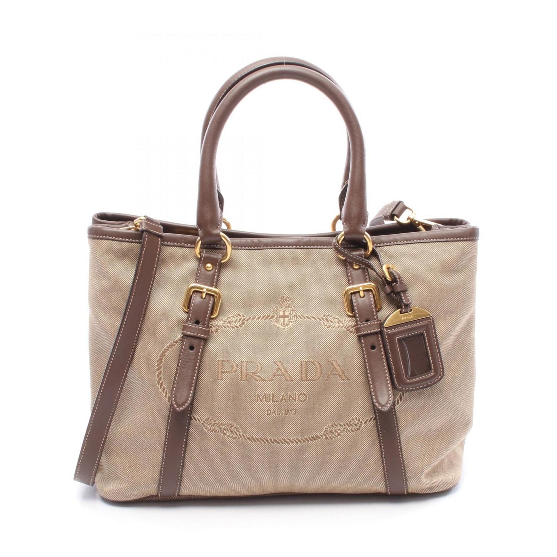 Prada Logo Jacquard Handbag in Canvas and Leather, Beige/Brown