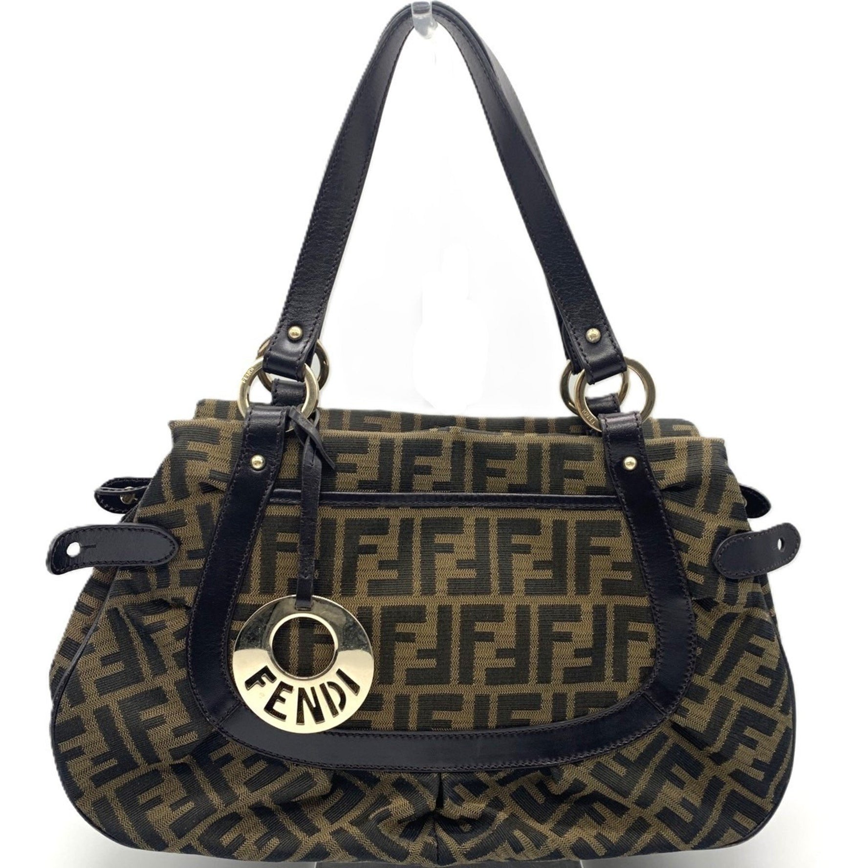 FENDI ZUCCA Tote Bag Canvas x Calfskin Khaki Dark Brown