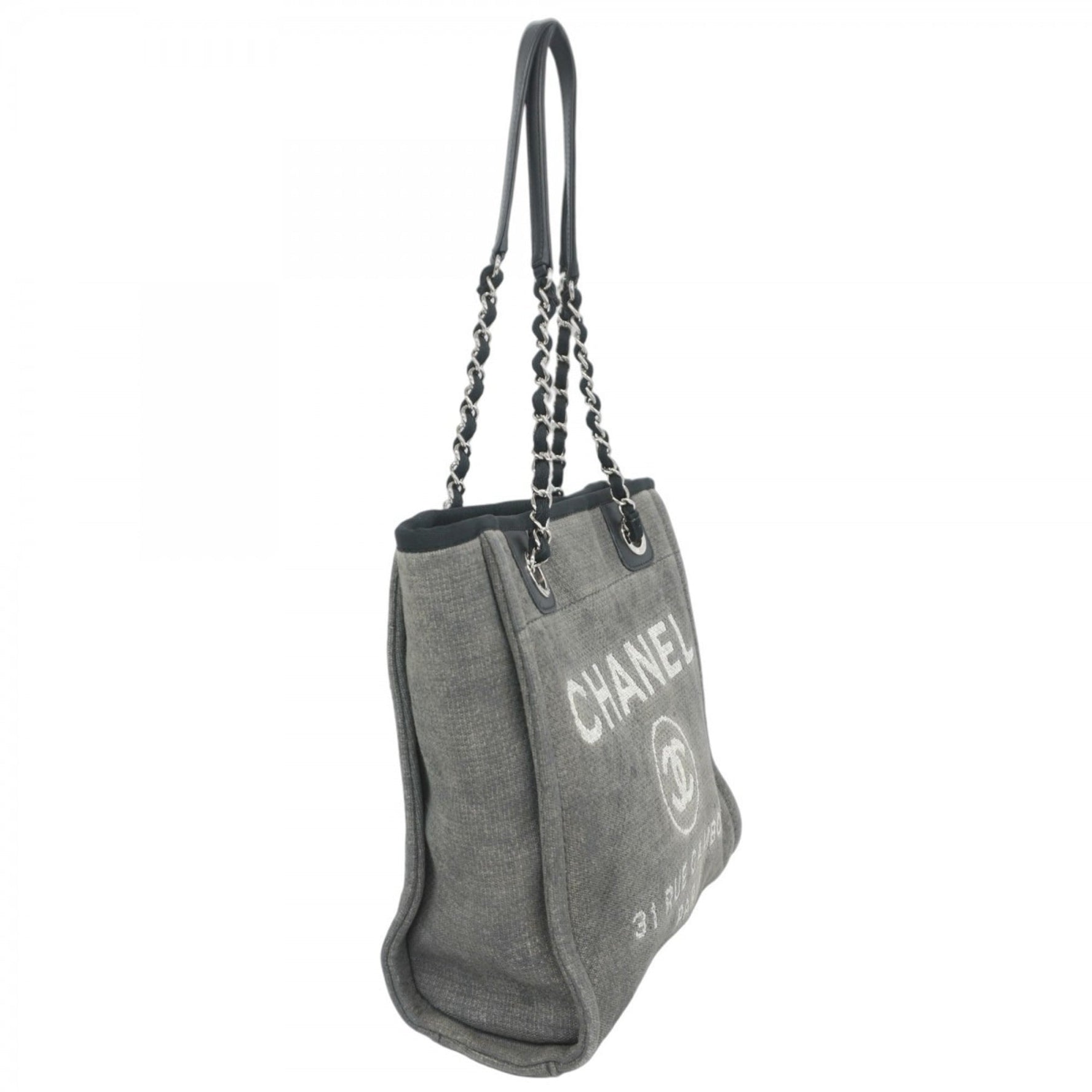 Chanel Deauville Tote Bag with Chain Shoulder Strap, Canvas, Gray, Black