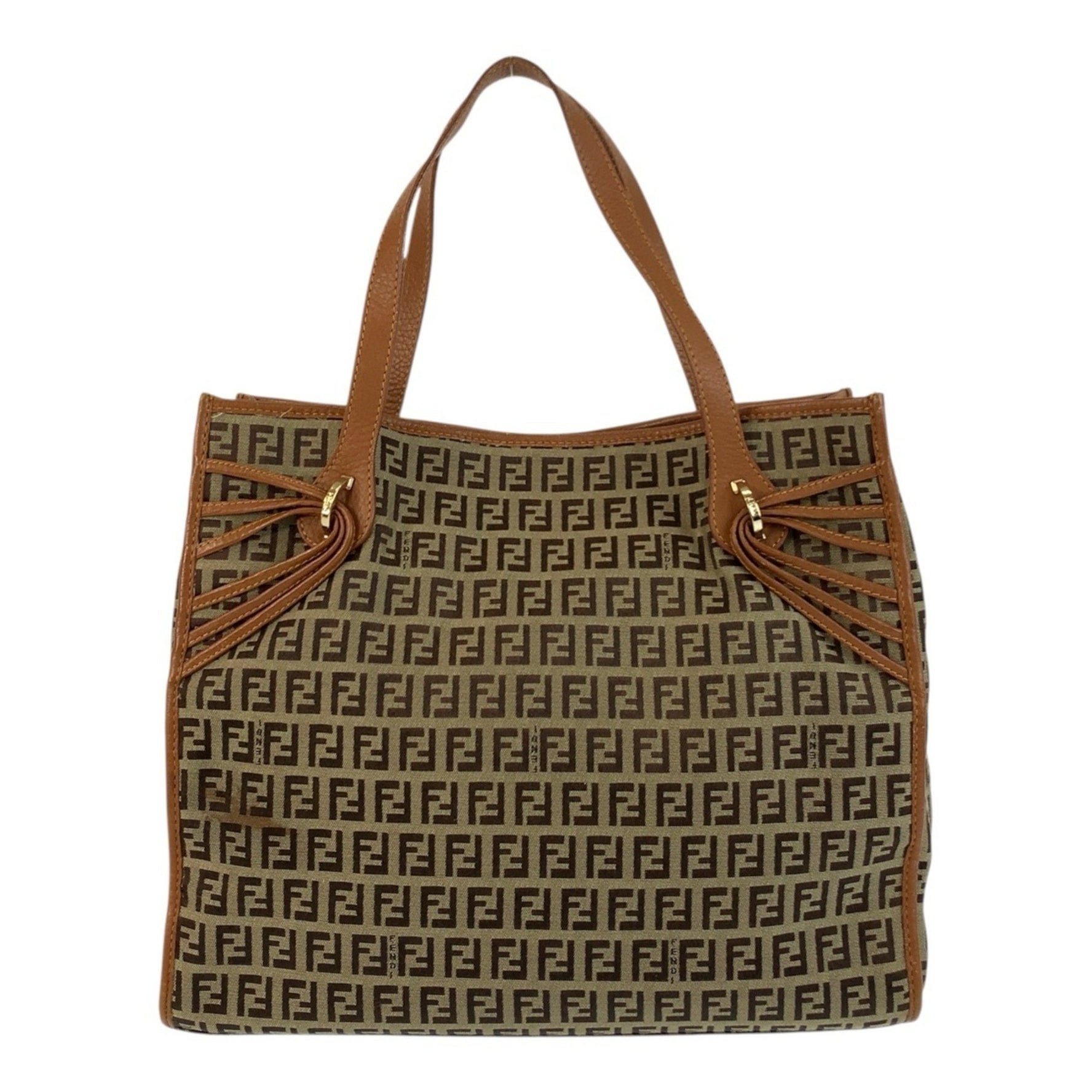 FENDI Zucchino Gold Hardware Canvas Leather Tote Bag Shoulder