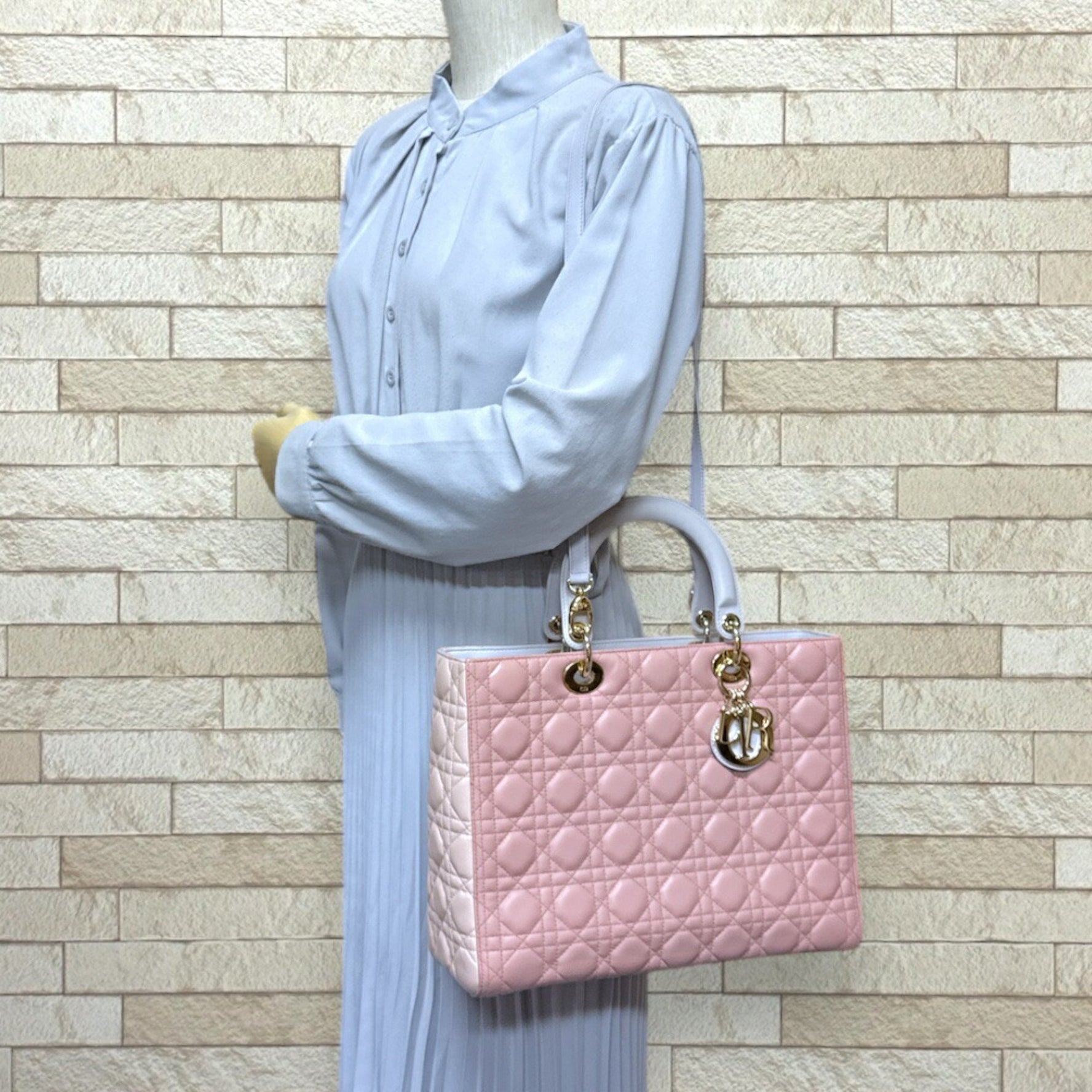 Christian Dior Dior Lady Large Cannage Shoulder Bag Leather Pink Women's 2way