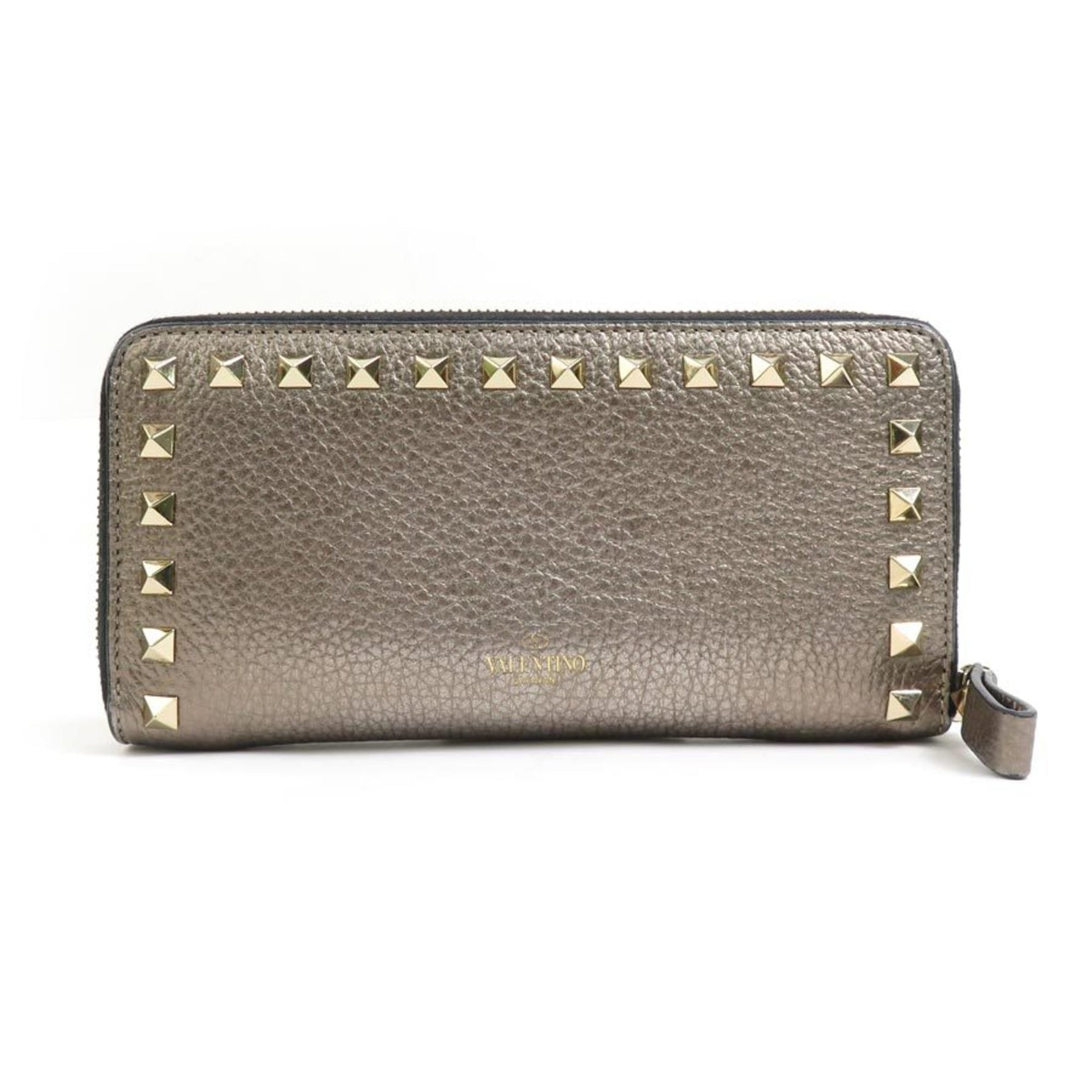 Valentino Garavani Round Long Wallet Rockstud Leather Gold x Black