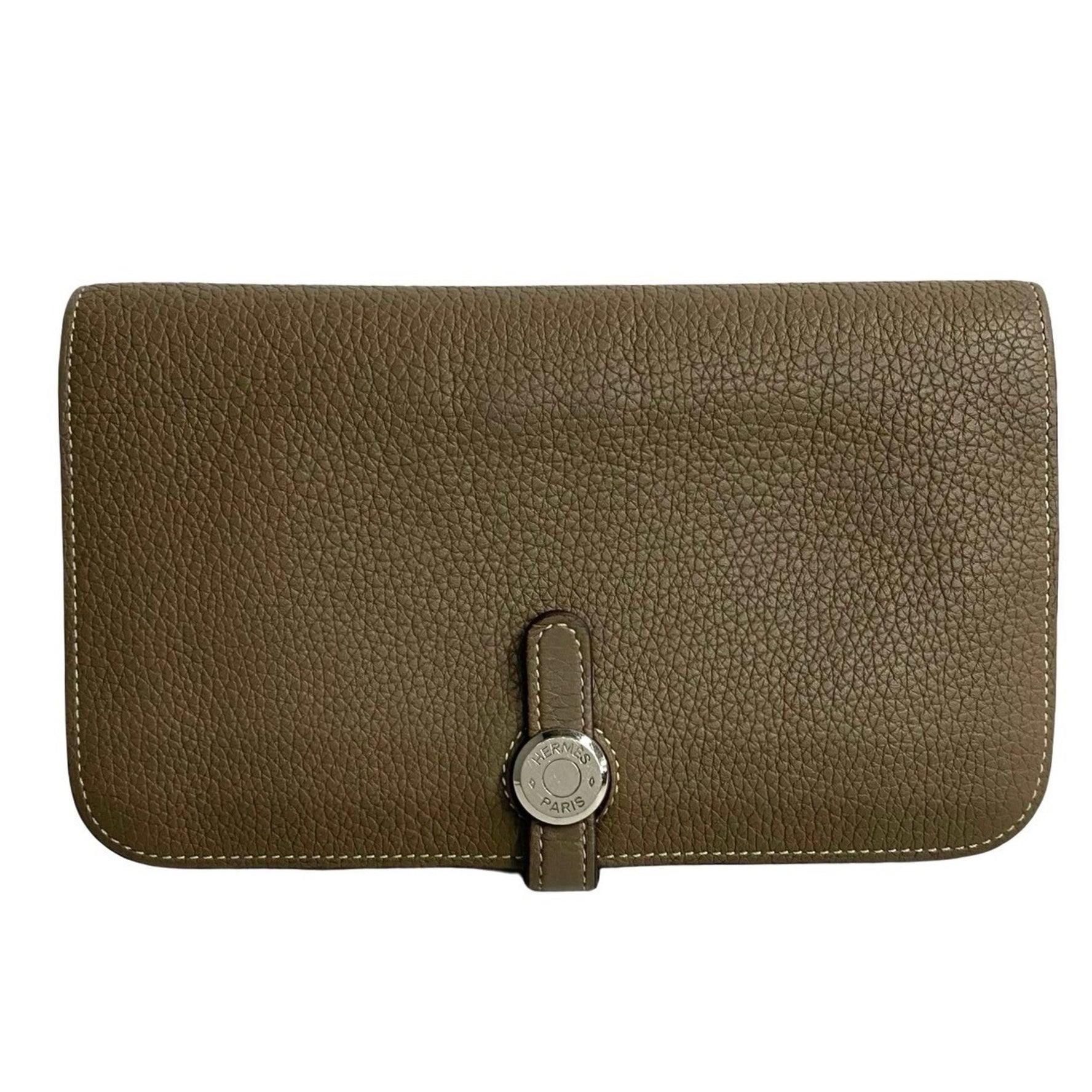 Y HERMES Togon GM Taurillon Clemence Leather Bifold Wallet, Long Etoupe Leather
