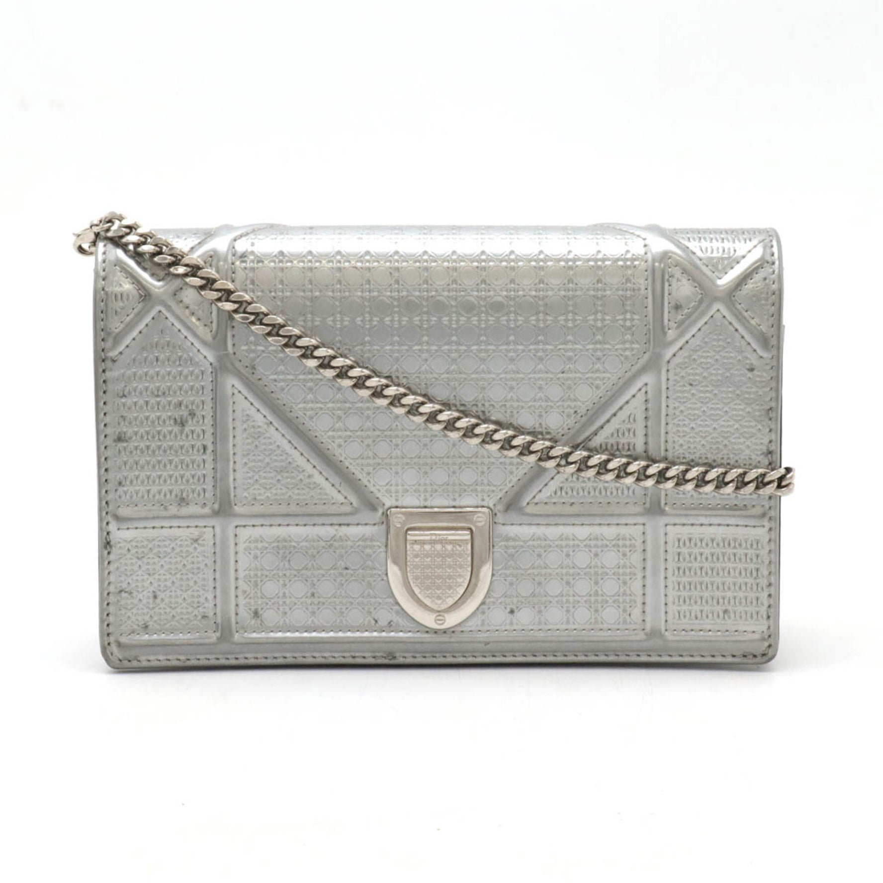 Christian Dior Diorama Chain Wallet Pochette Clutch Bag Patent Leather Metallic