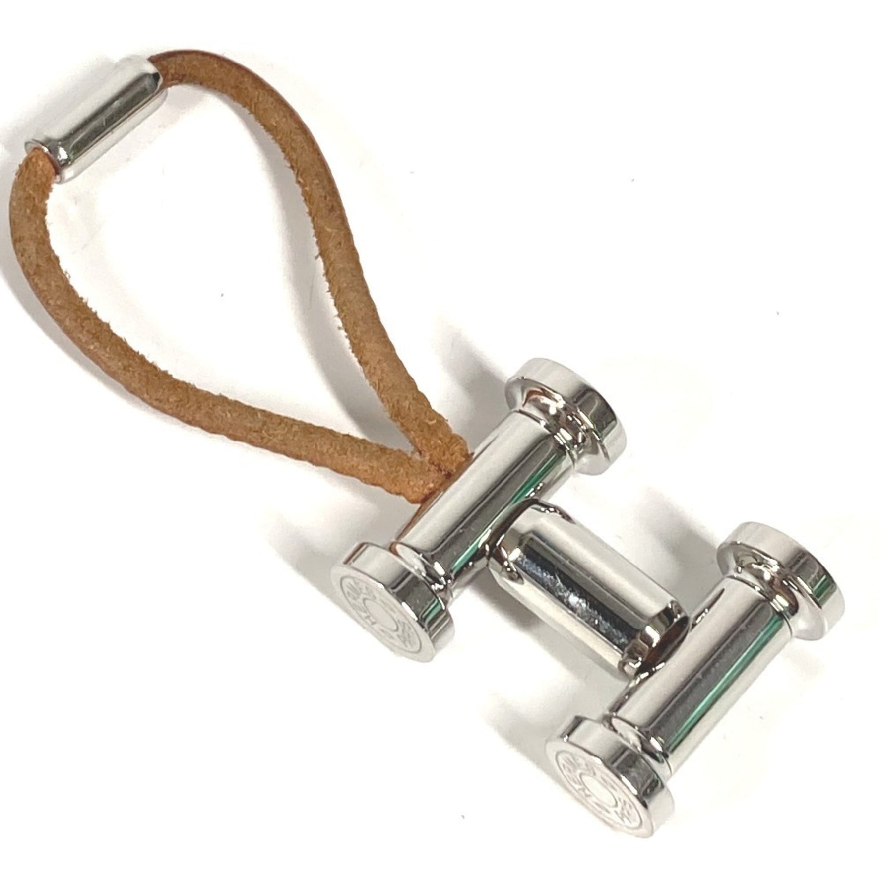 HERMES Mobile H Logo Bag Charm Keychain Leather Metal Men's Brown