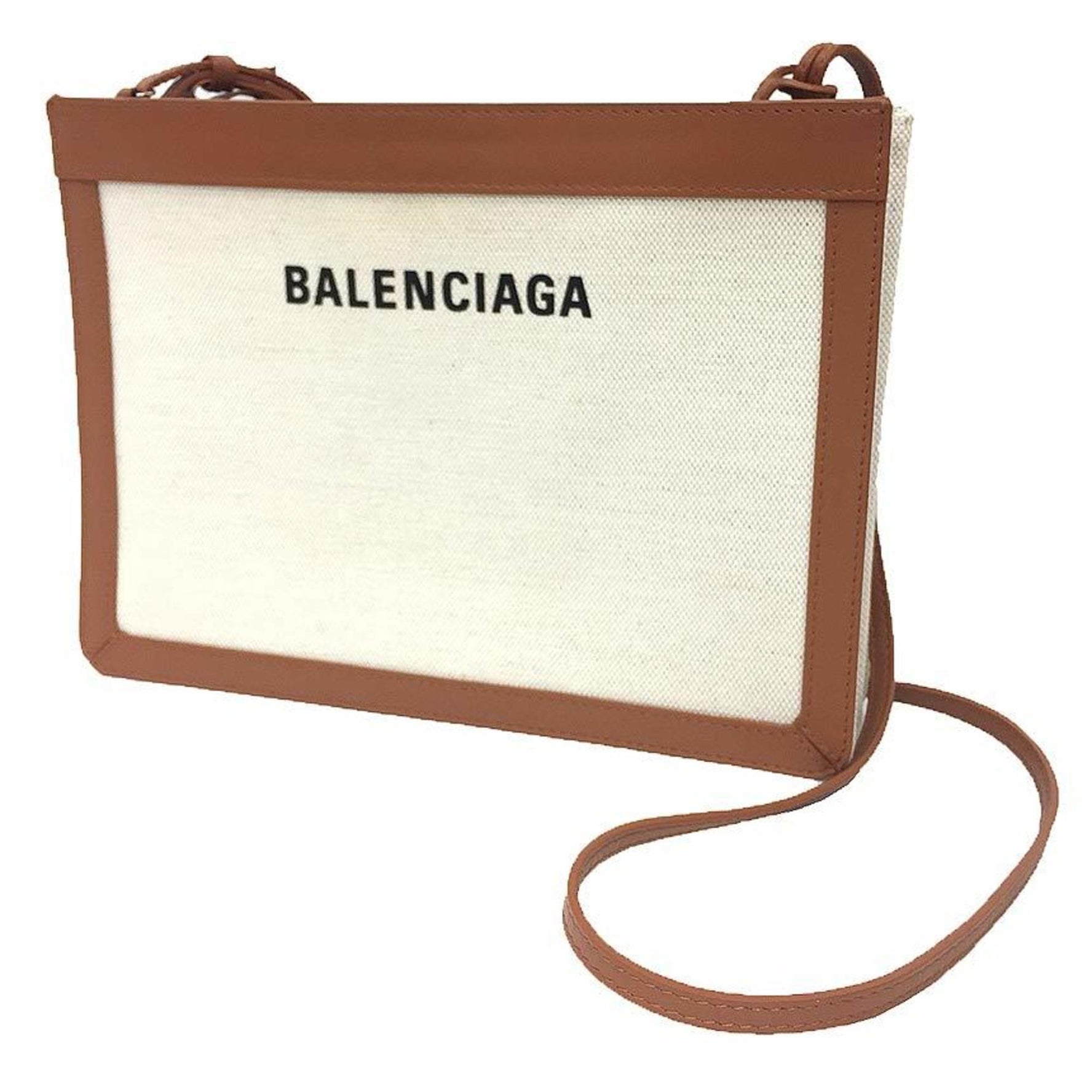 BALENCIAGA Navy Pochette Shoulder Bag Canvas/Leather White/Brown