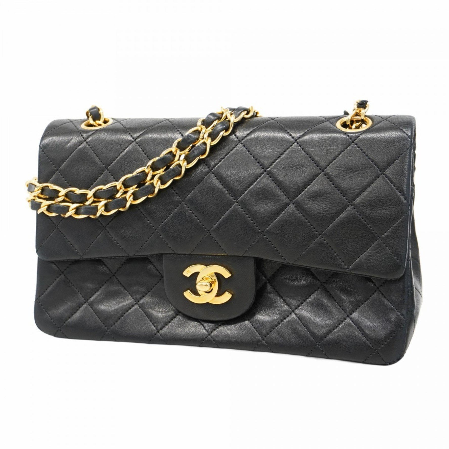 Chanel Matelasse Shoulder Bag with Double Flap and Chain, Lambskin, Black, Women's
