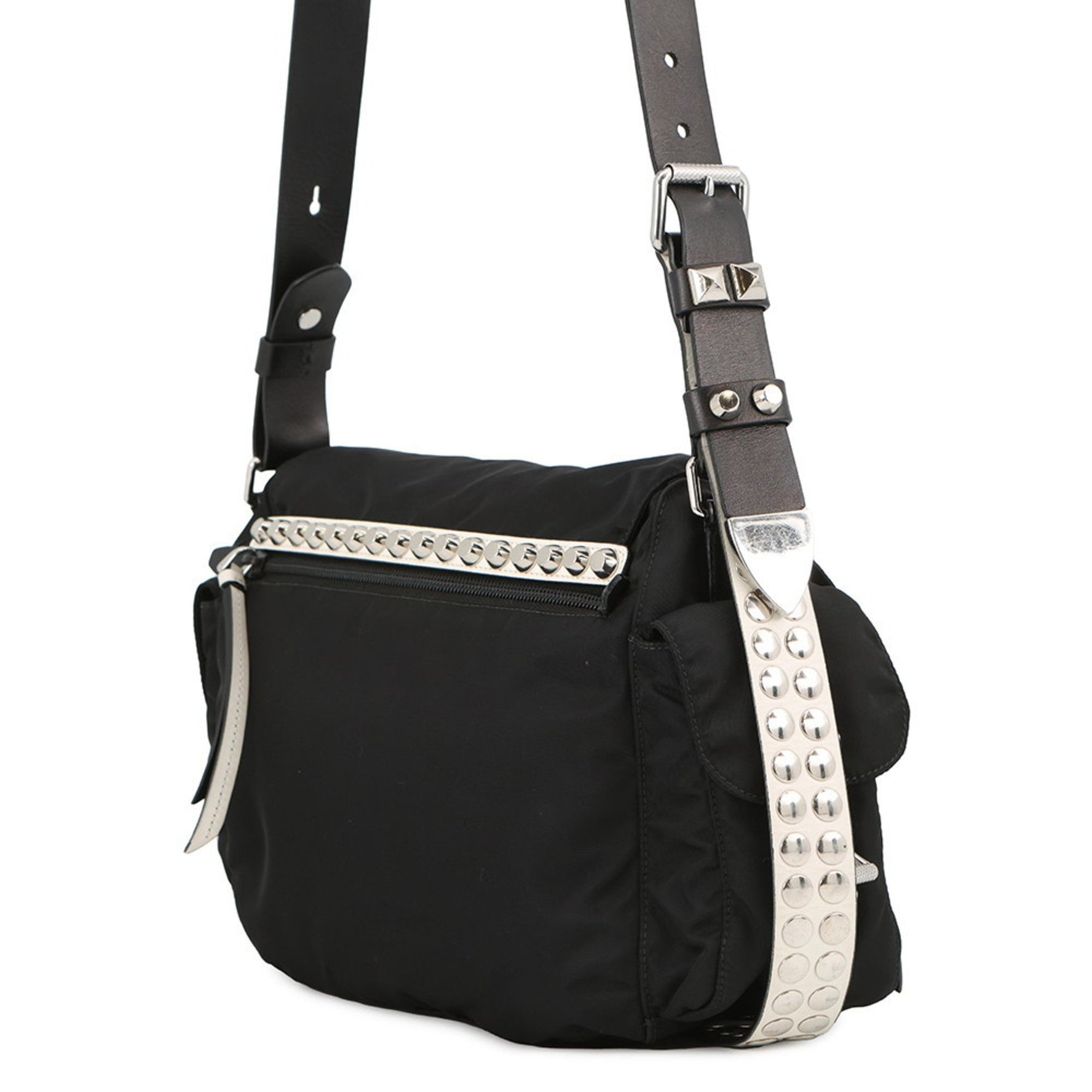 Prada Studded Nylon and Leather Shoulder Bag Black