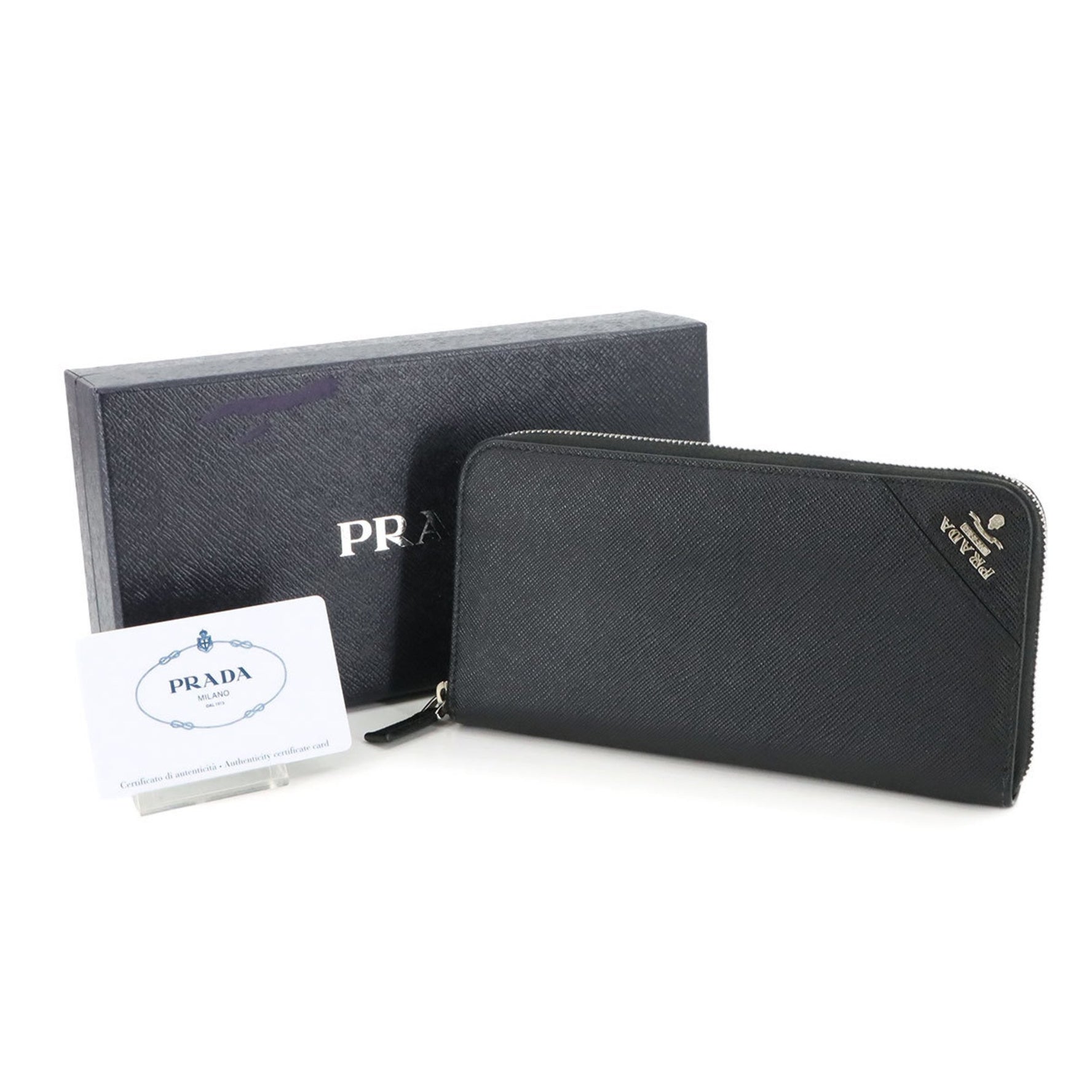 Prada Saffiano Round Long Wallet in Nero Leather with Silver Hardware