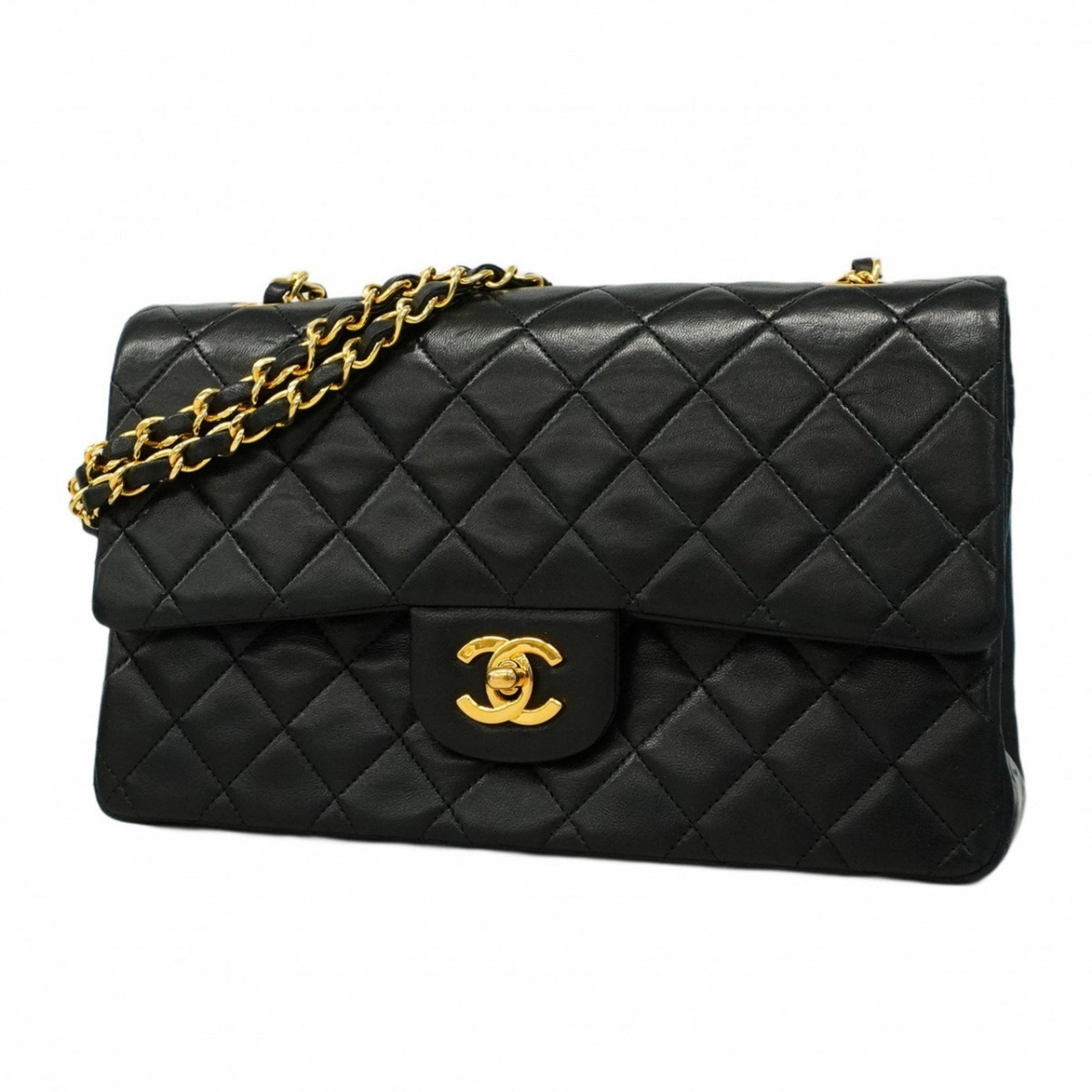 Chanel Matelasse Shoulder Bag with Double Flap and Chain, Lambskin, Black, Women's
