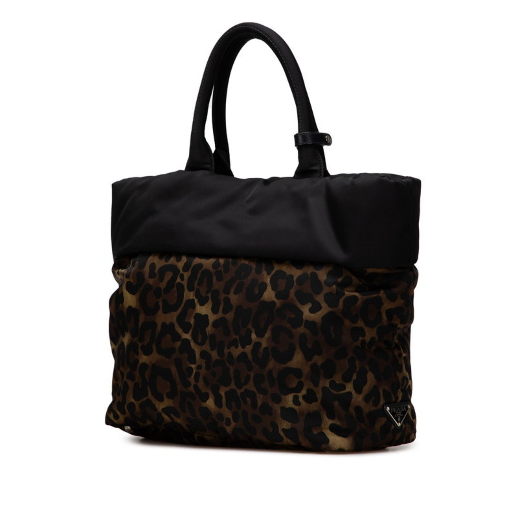 Prada Triangle Logo Plate Leopard Print Reversible Handbag/Shoulder Bag, 2-Way, Khaki Green/Black Nylon, B1959V, Women's