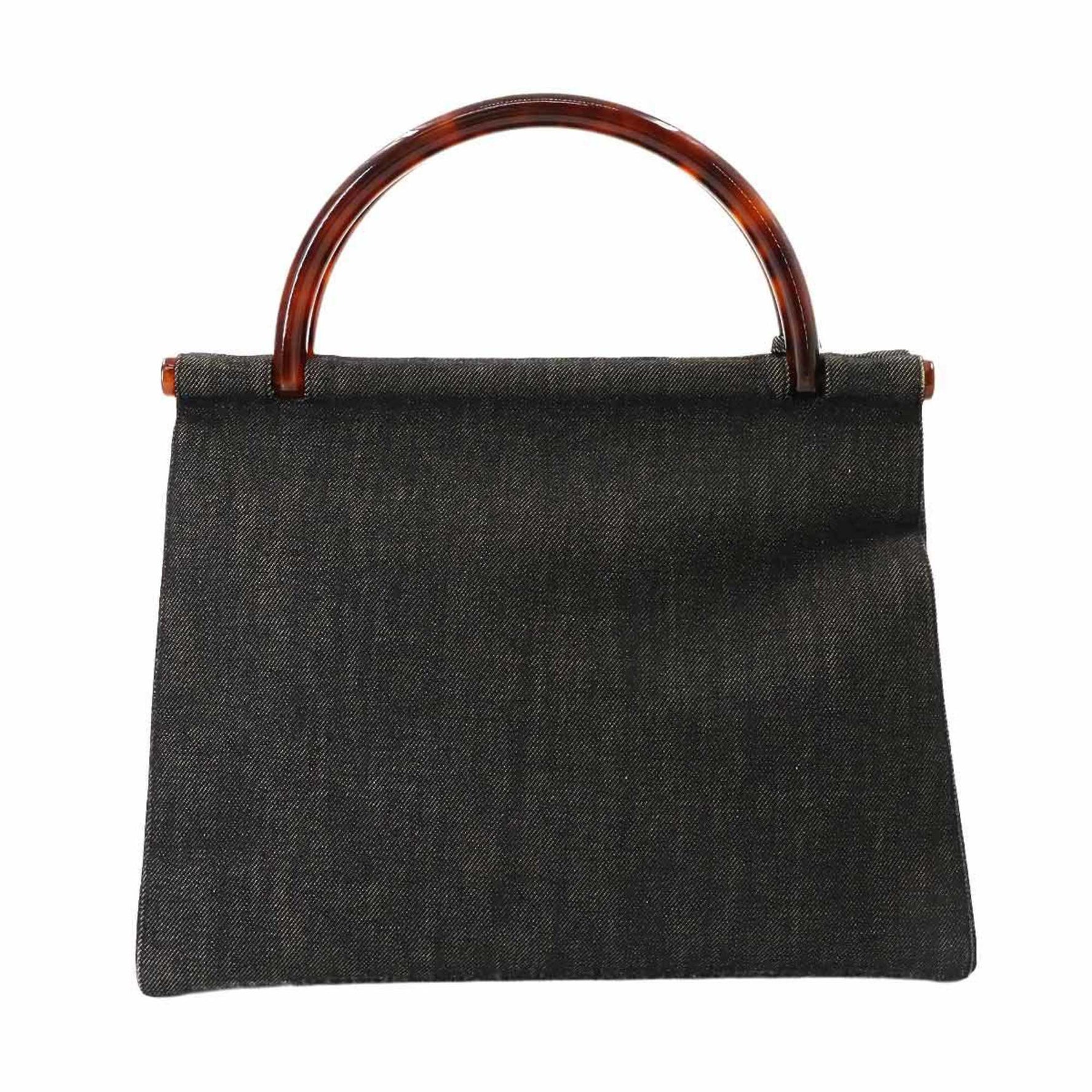 CHANEL Tortoiseshell-style Plastic Handle Handbag in Black Denim with Gold Hardware