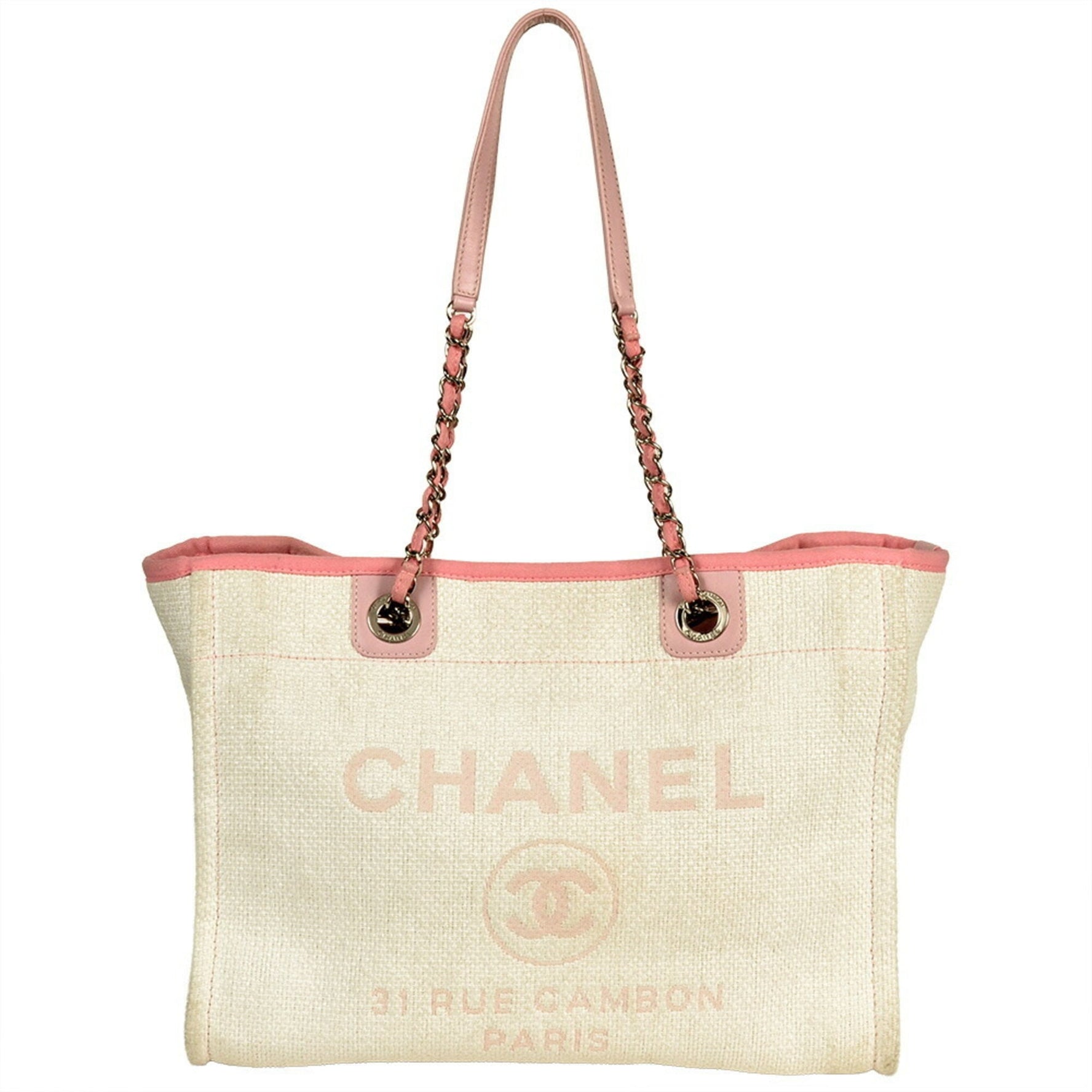 CHANEL Deauville MM Chain Tote Bag, Straw, Pink, Coco Mark