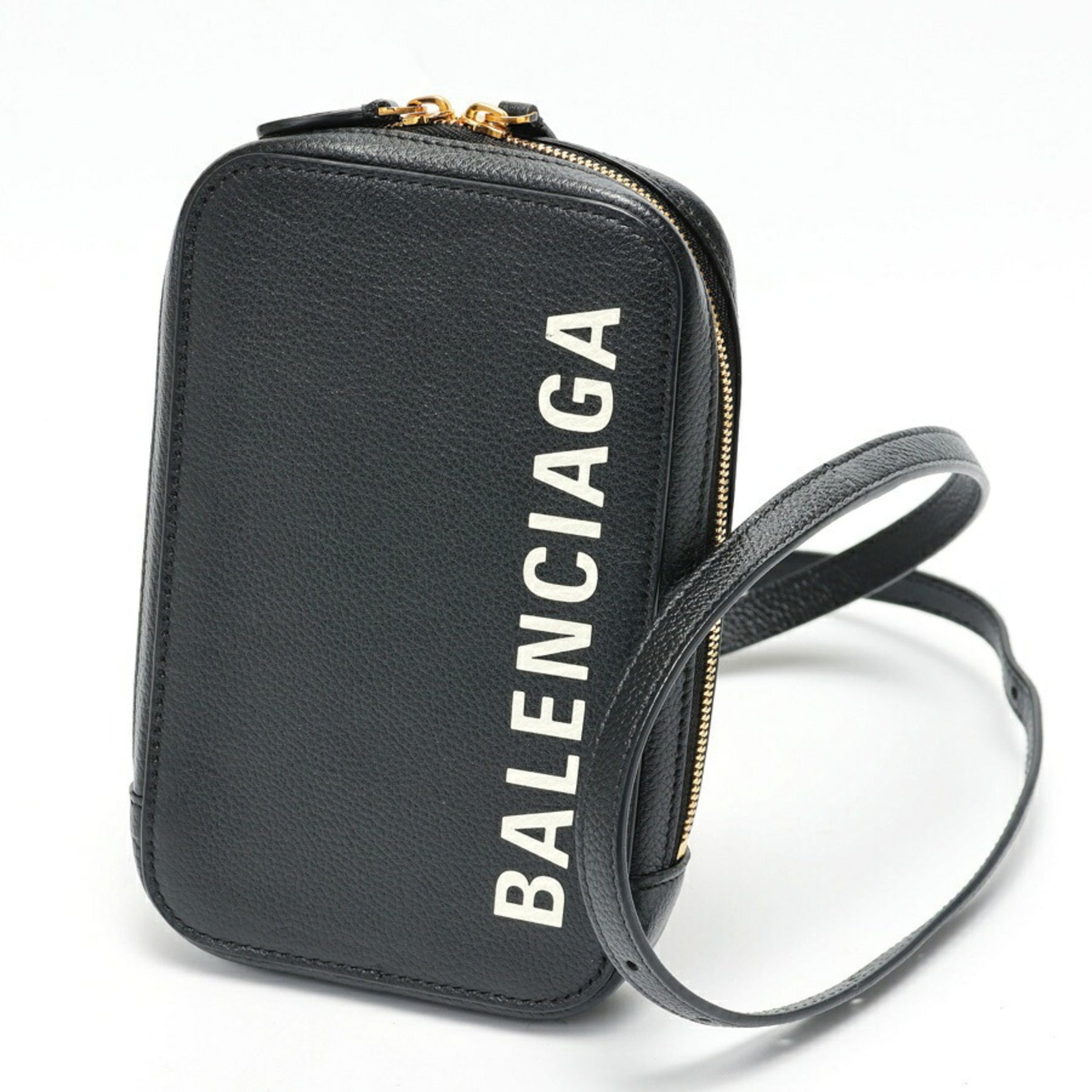 BALENCIAGA Cache Zip Phone Holder Shoulder Bag Leather Black S-157821