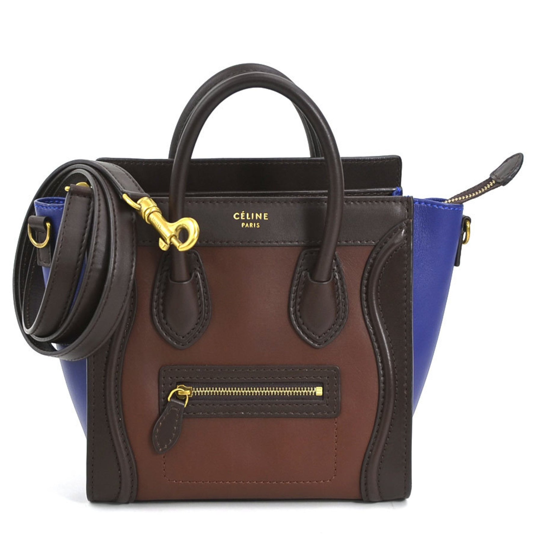 CELINE Handbag Shoulder Bag Luggage Nano Shopper Leather Brown Blue Gold