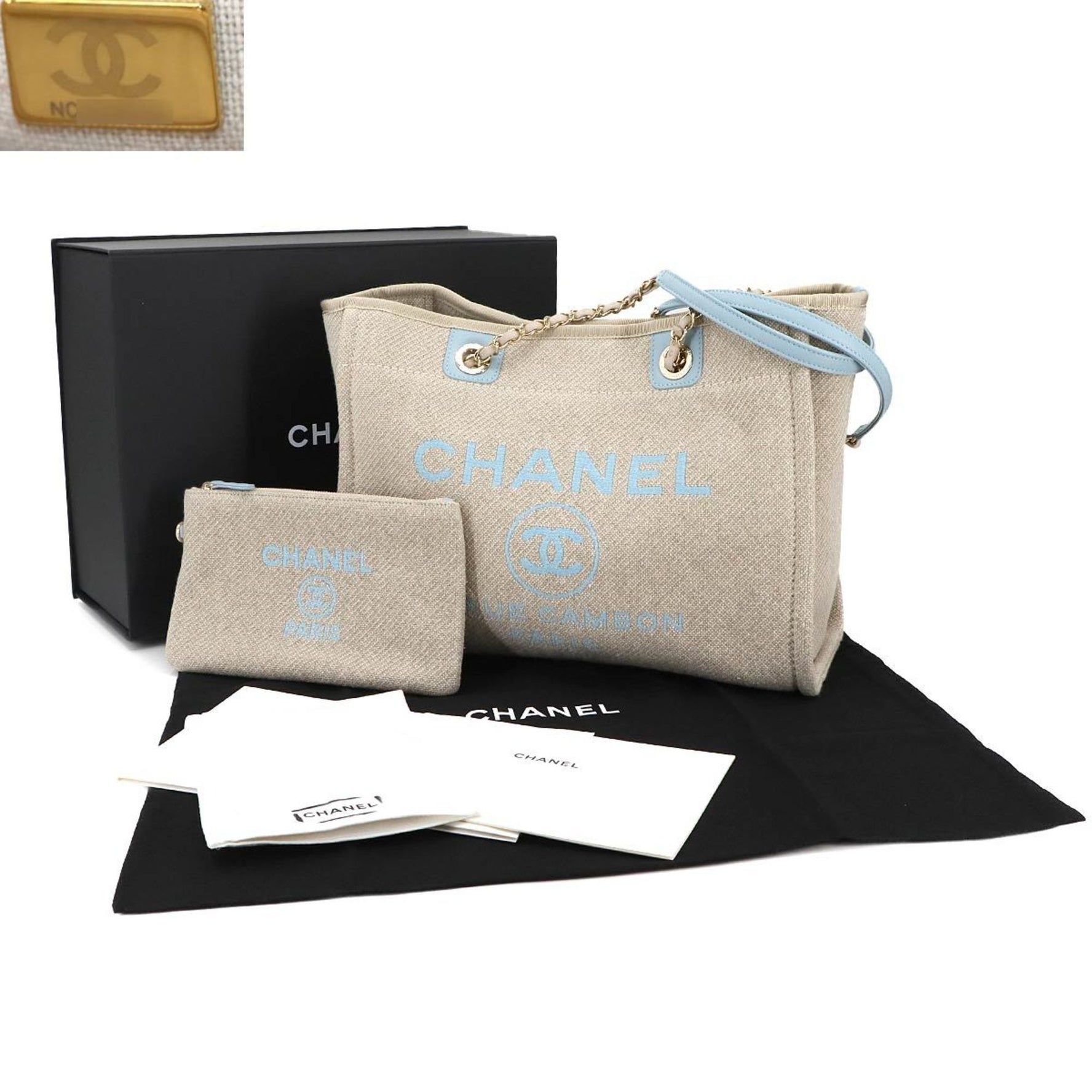 CHANEL Deauville MM Chain Tote Bag, Beige Blue Canvas with Gold Hardware