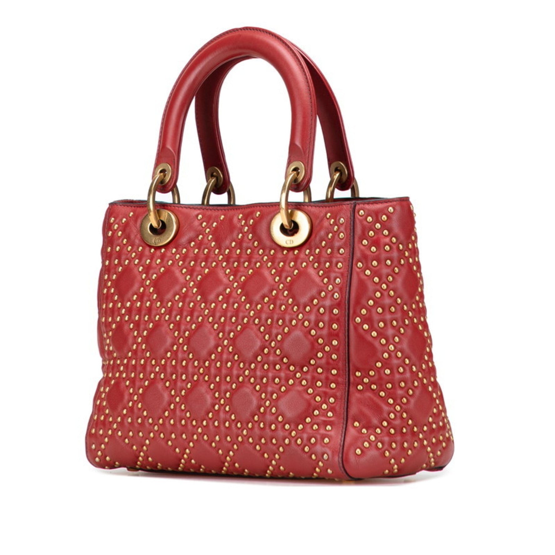 Christian Dior Dior Cannage Lady Stud Handbag/Shoulder Bag Red Gold Lambskin