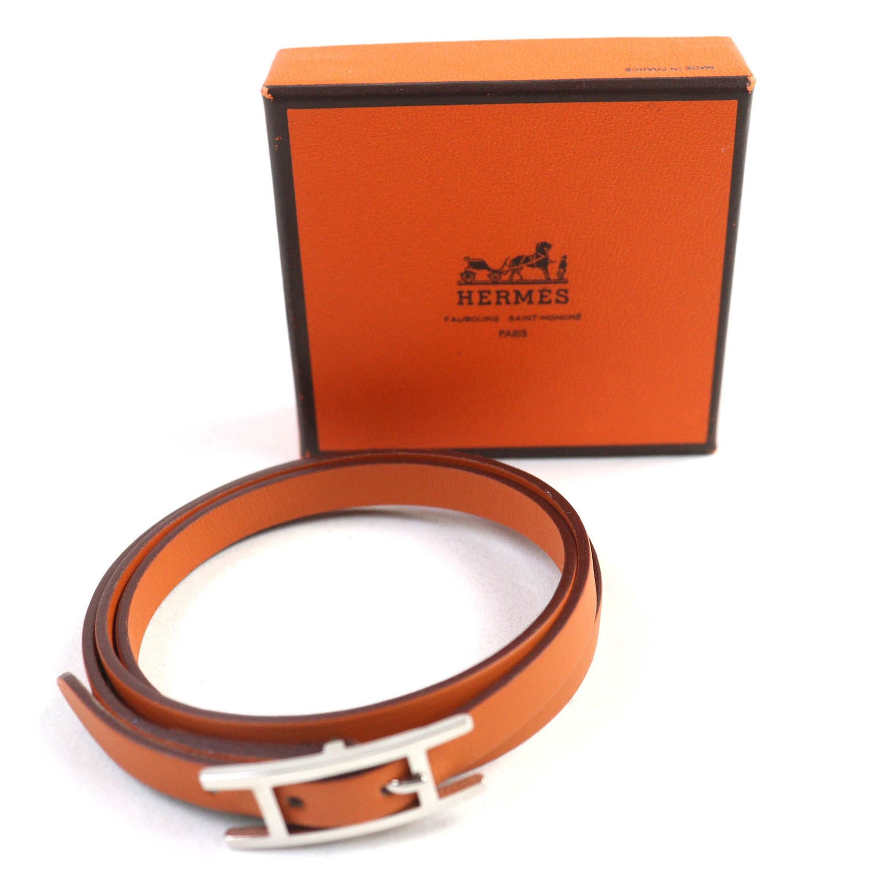 HERMES Api 3 Silver Hardware H Logo Leather Bracelet, J Stamp, Box Included