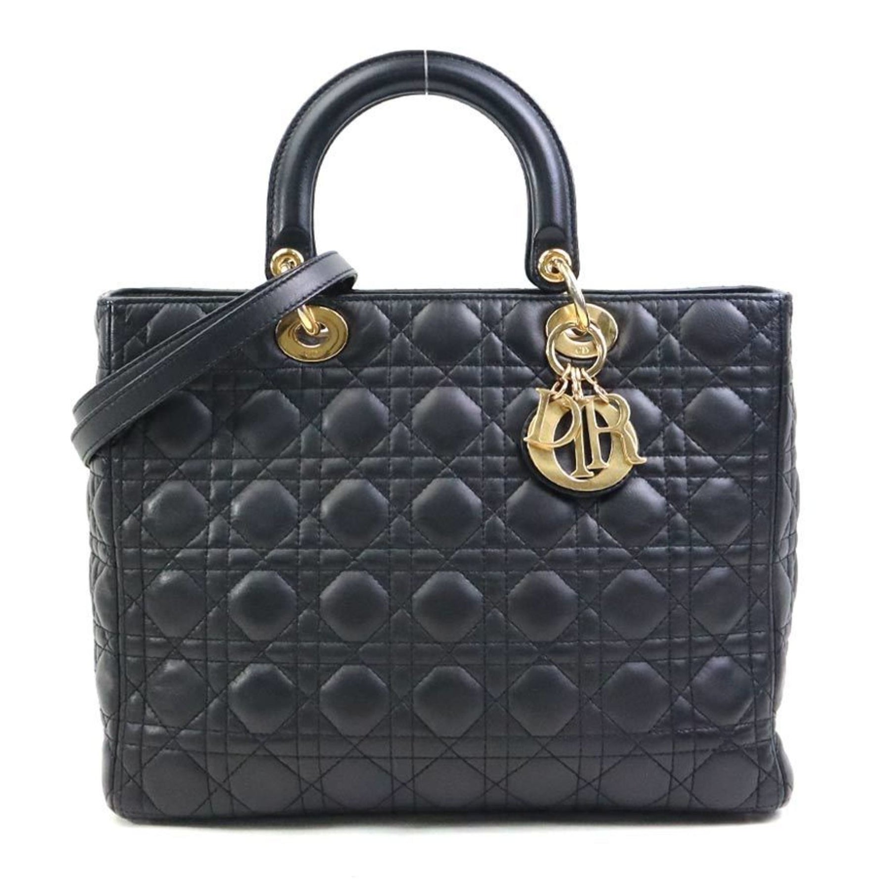 Christian Dior Lady Handbag Shoulder Bag Leather Black Gold Women's