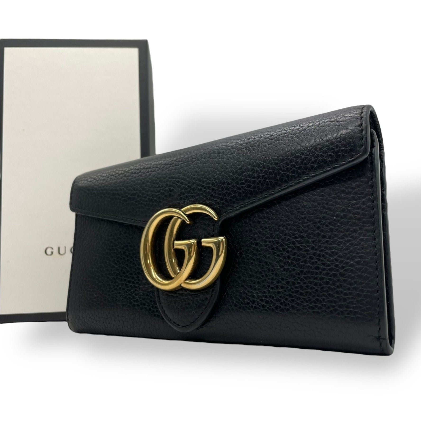 GUCCI GG Marmont Long Wallet, Black Leather, Gold Hardware, Women's, Box Included, W2