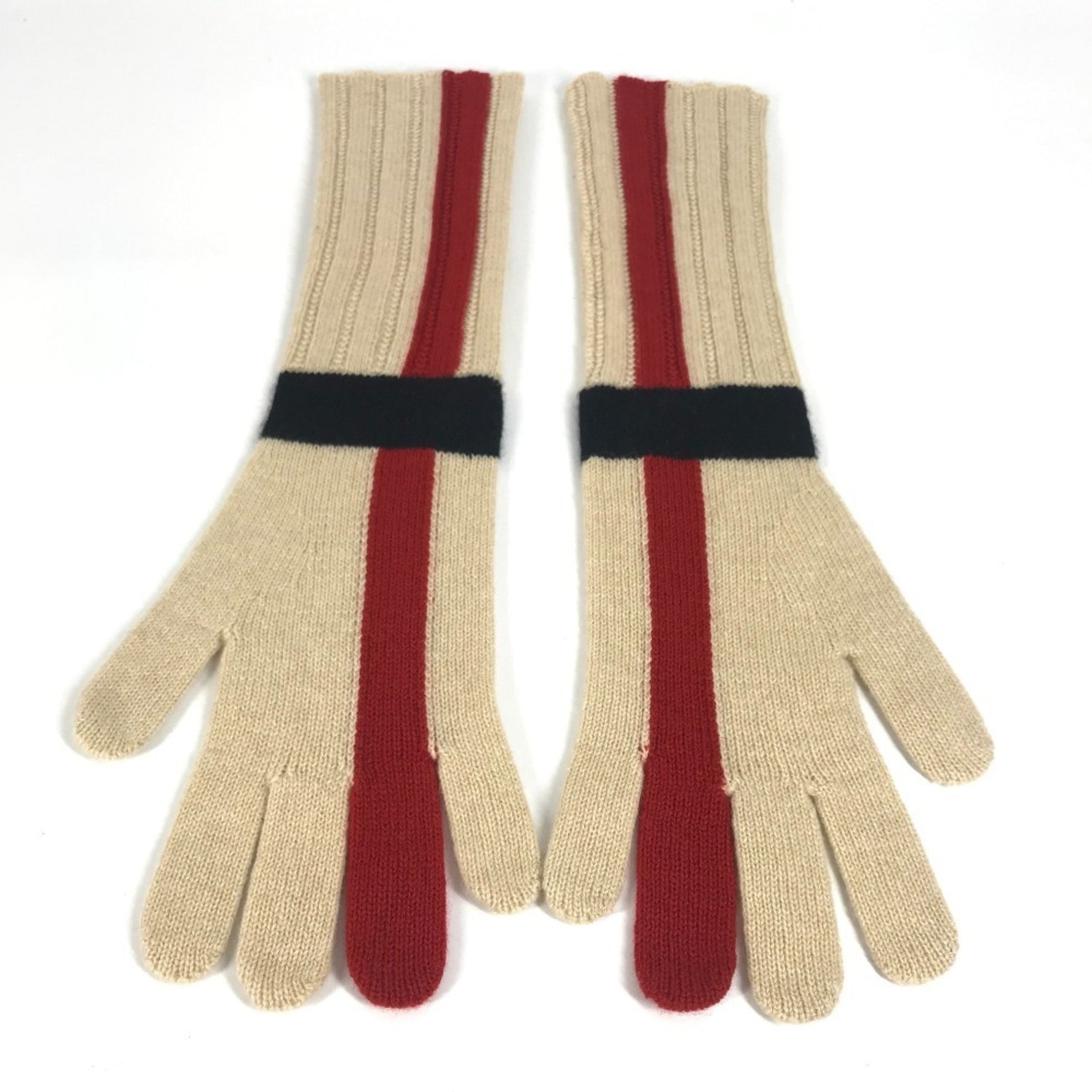 HERMES Striped Long Gloves, Cashmere, Beige