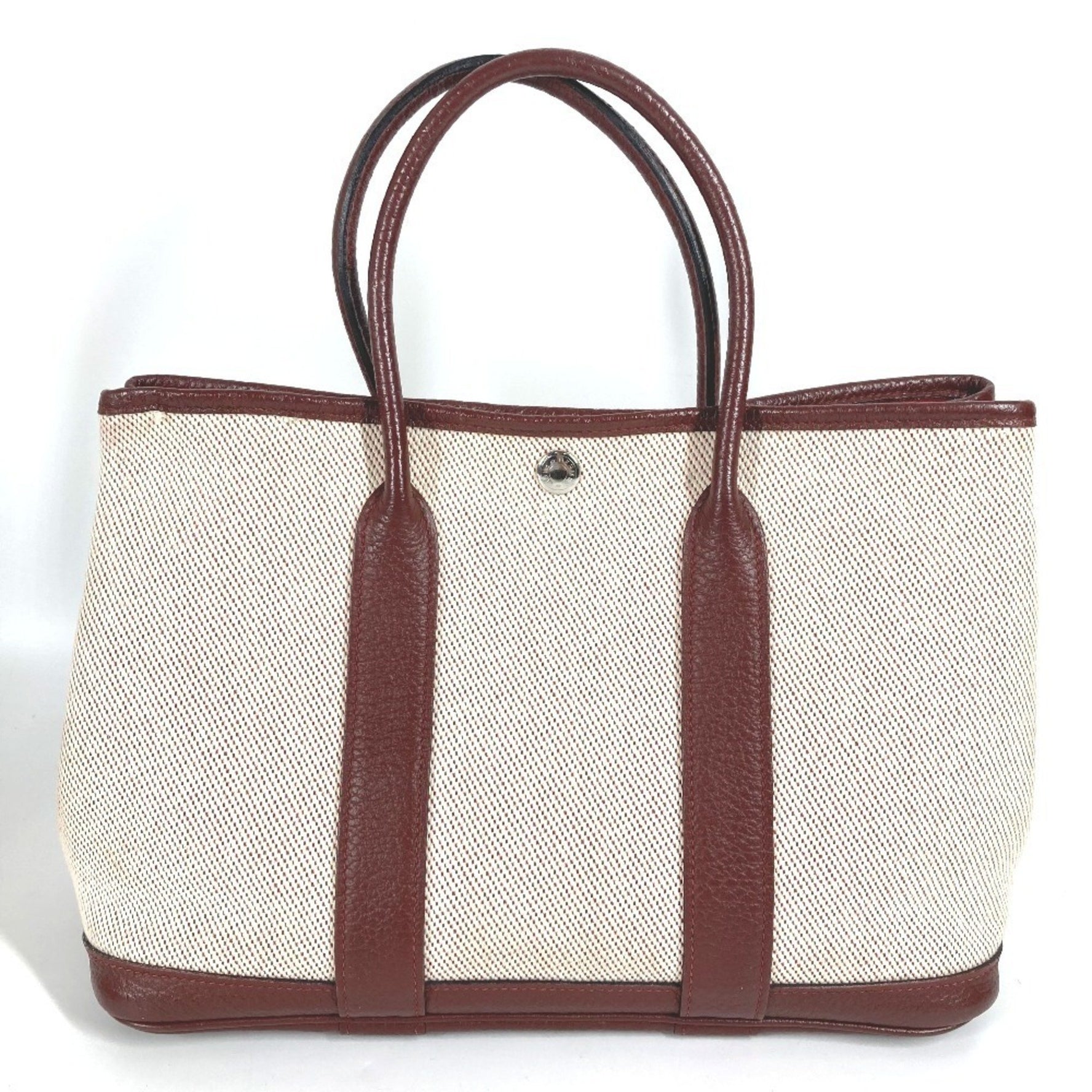 HERMES Garden Party TPM Tote Bag, Toile H Leather, Wine Red