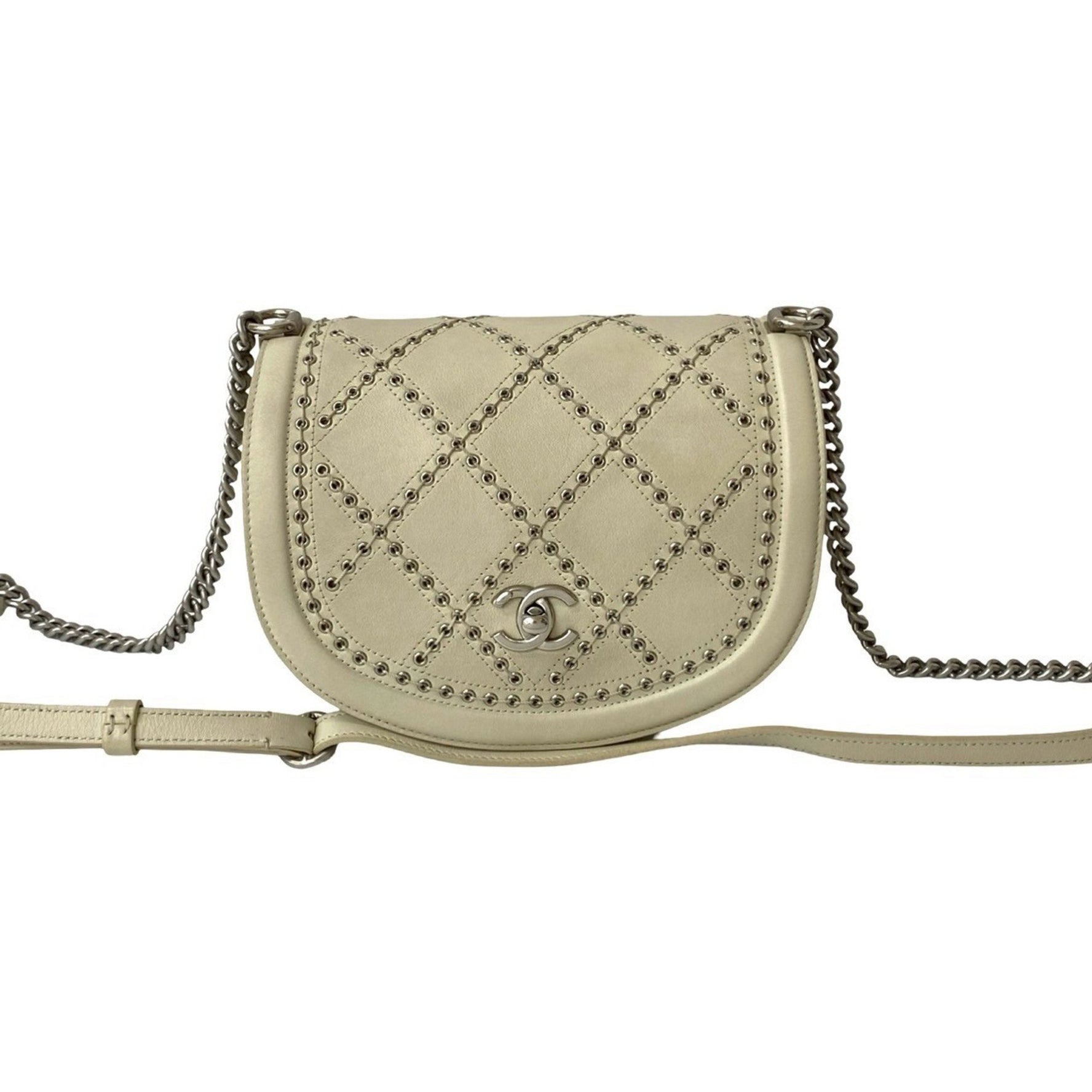 CHANEL Coco Mark Punched Stitched Leather Chain Shoulder Bag, Ivory